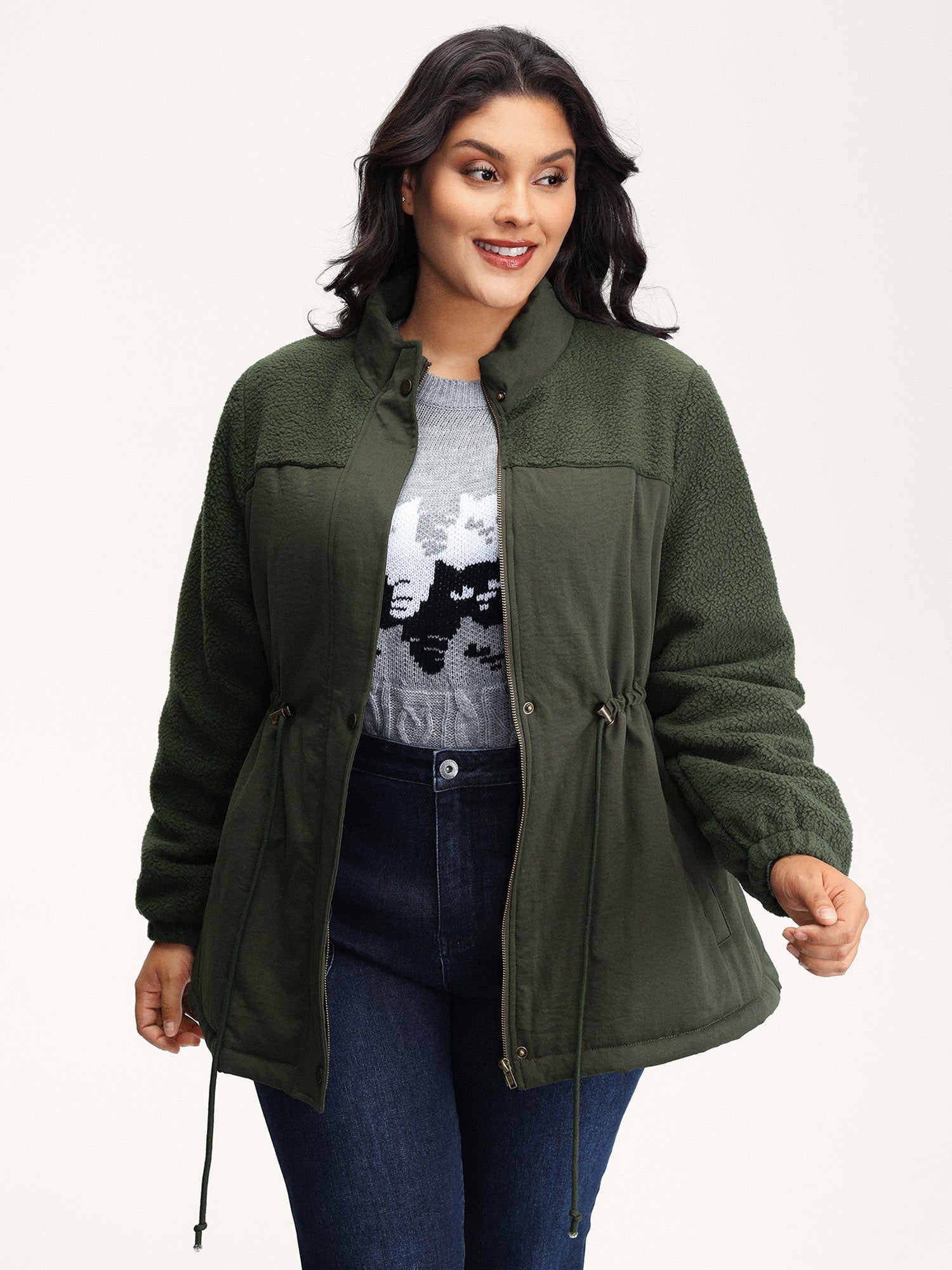 Mixed Fabric Waist Drawstring Quilted Jacket