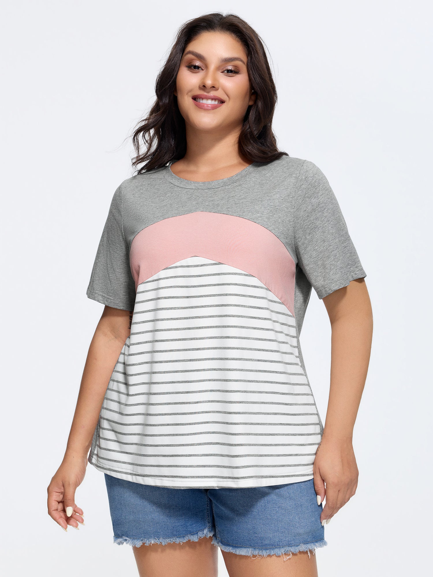 Cotton Striped Print Color Contrast T-Shirt