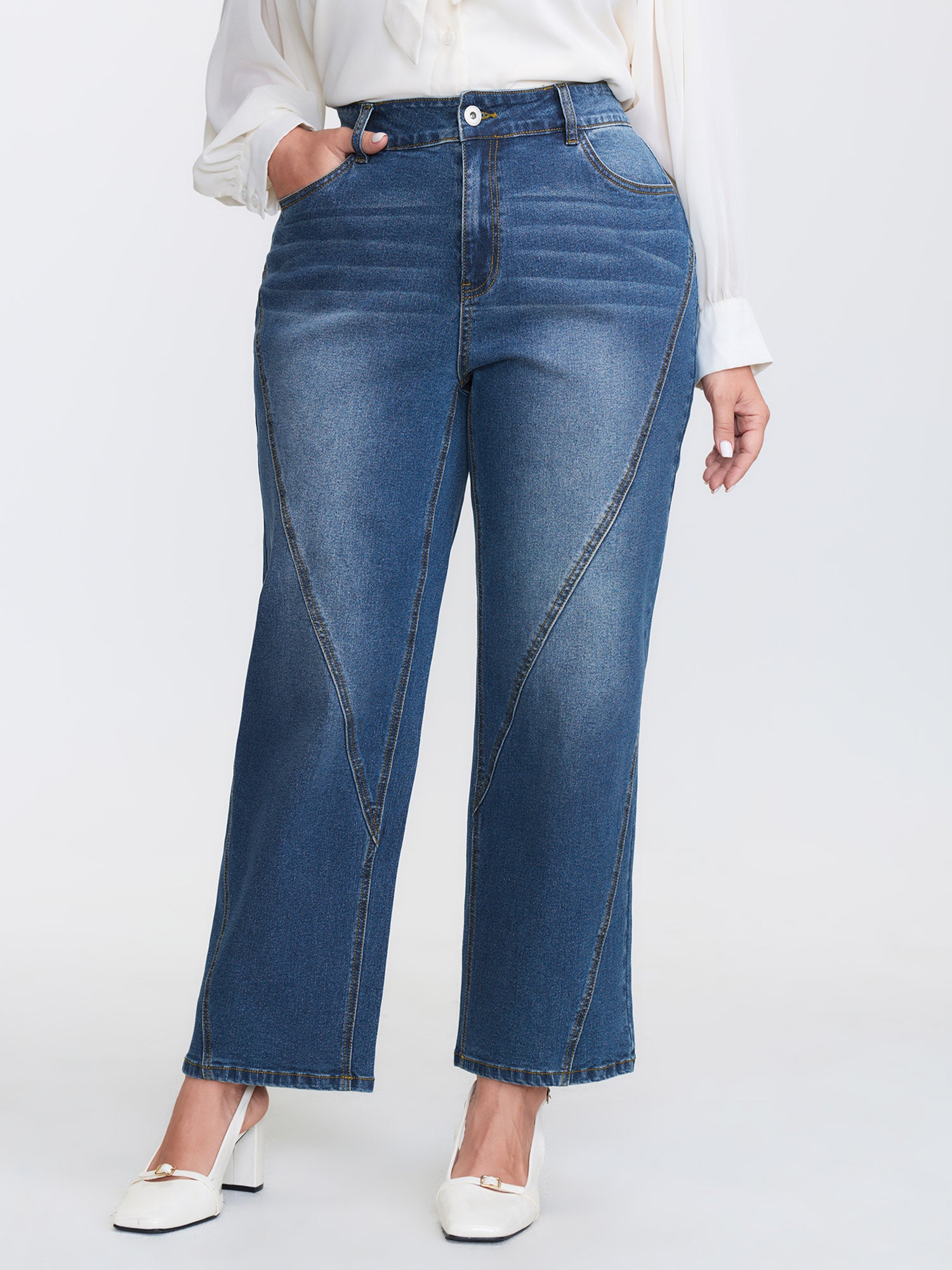 Cinched High-Waist Straight-Leg Jeans