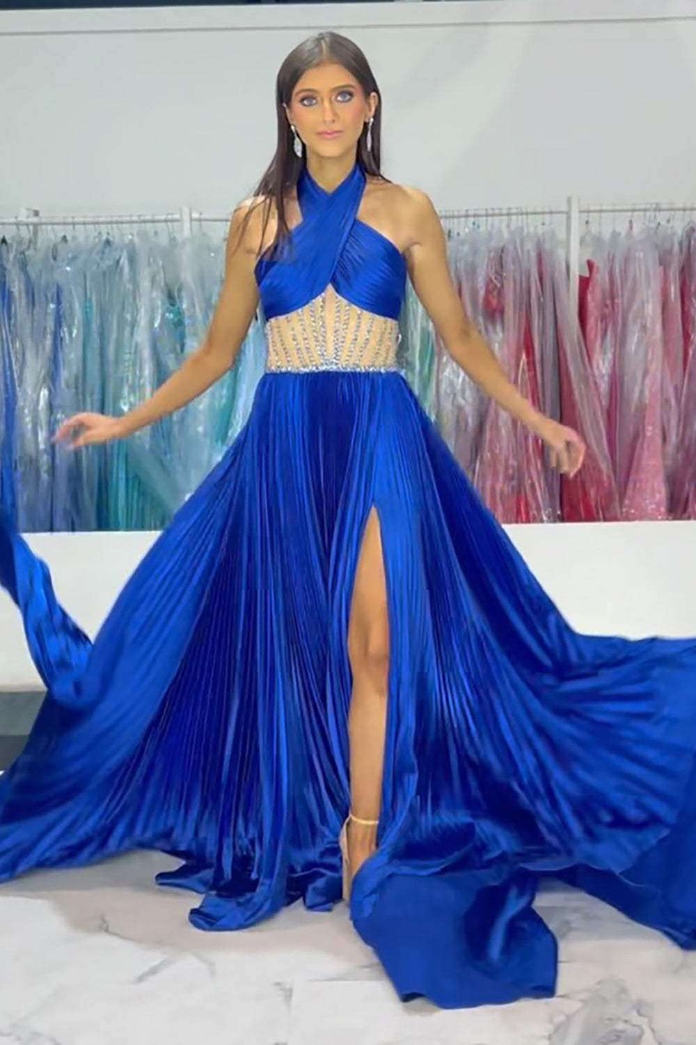 Elegant Royal Blue A-Line Satin Prom Dress with Halter Neck and Beaded Details