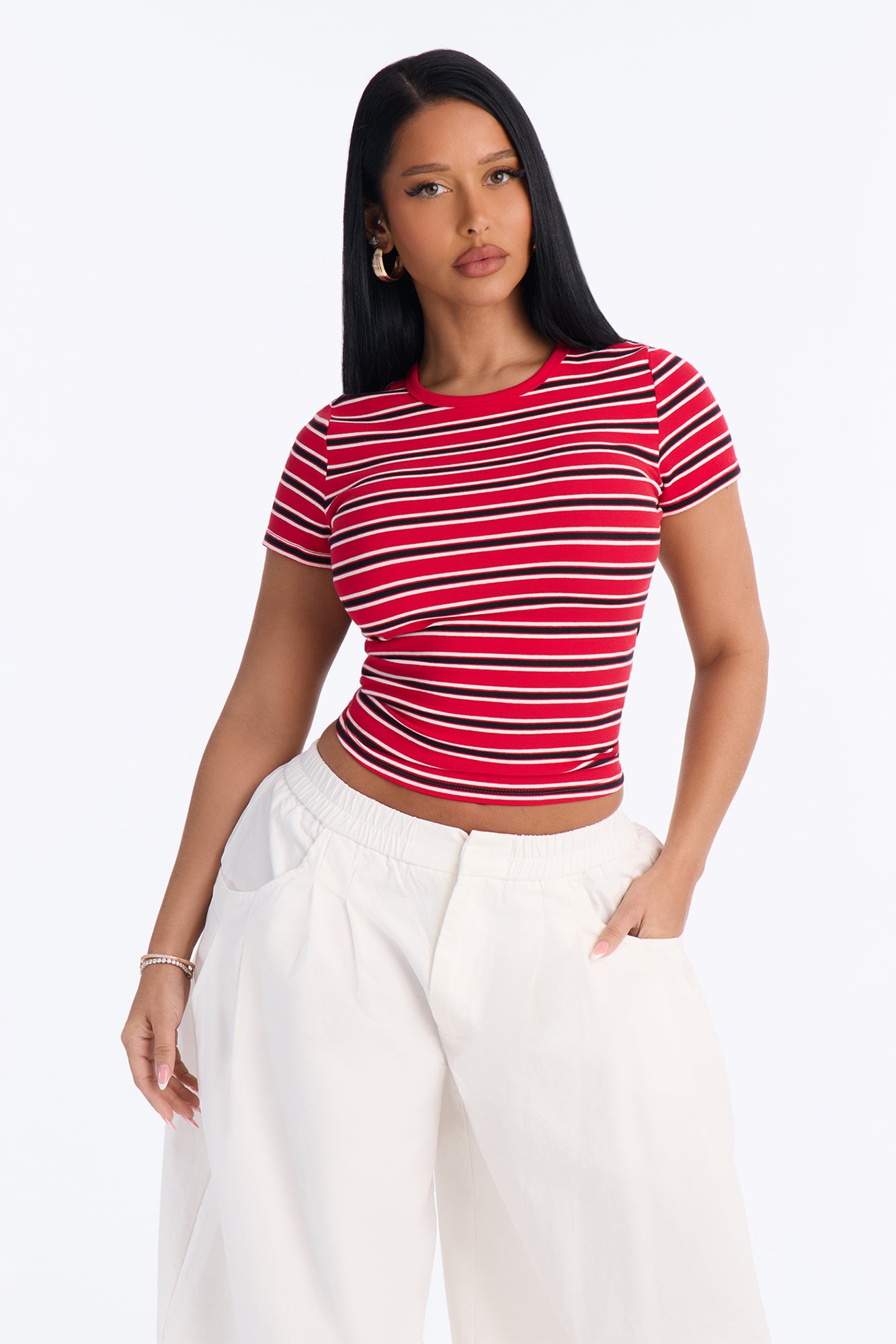 Ari Striped Crew Neck Tee - Red/combo