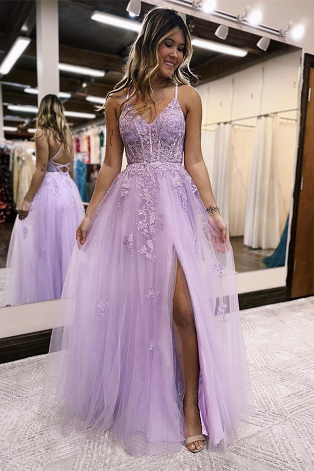Lilac Long Prom Dress with Spaghetti Straps and Appliques in A-Line Style