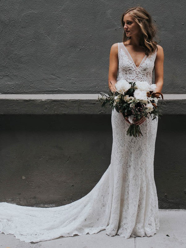 Charming Sleeveless V-Neck Column Lace Chapel Train Wedding Dresses