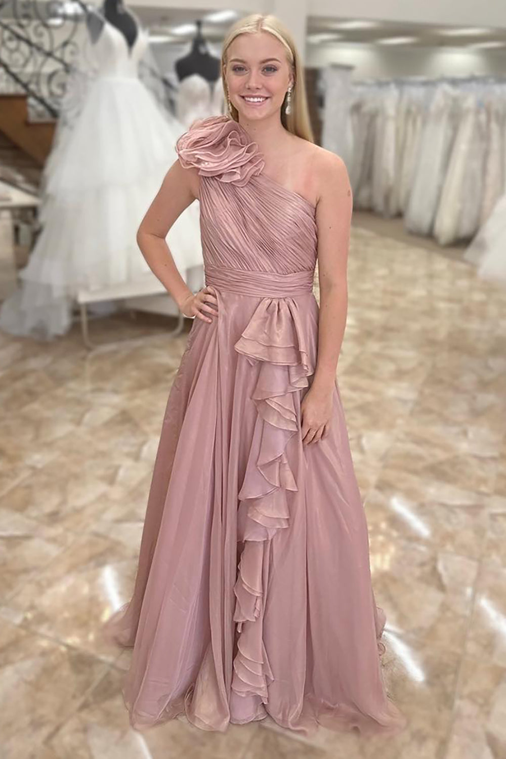Long A Line Prom Dress with Ruffles in Blush One Shoulder Design