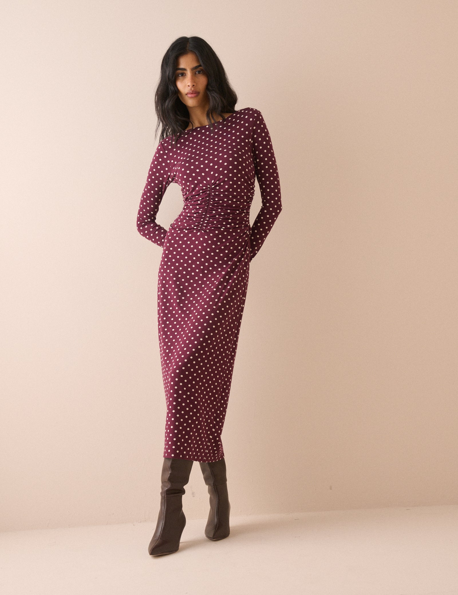 Purple Polka Dot Jersey Jennifer Midi Dress