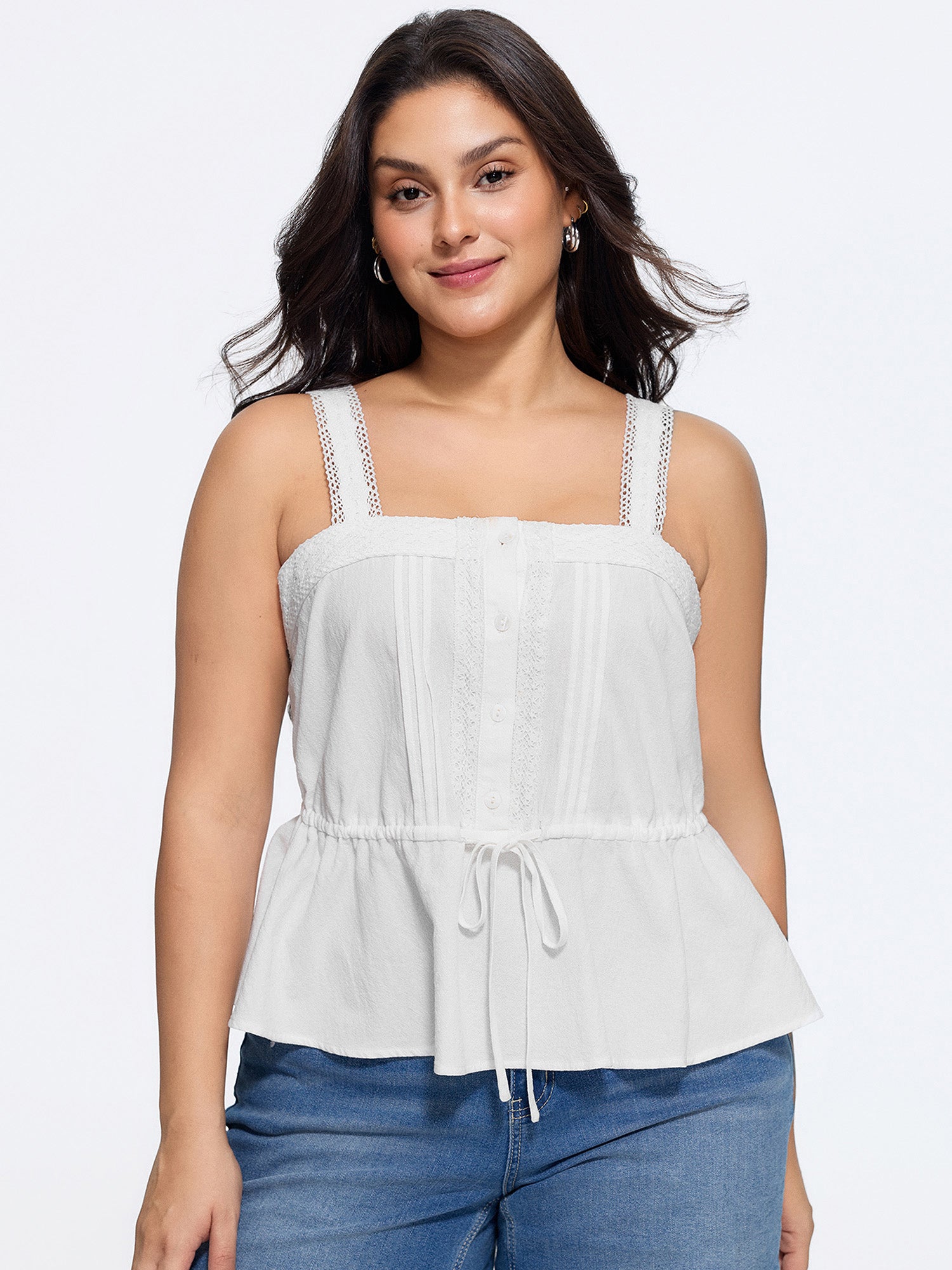 Cotton Lace Trim Drawstring Waist Tank Top