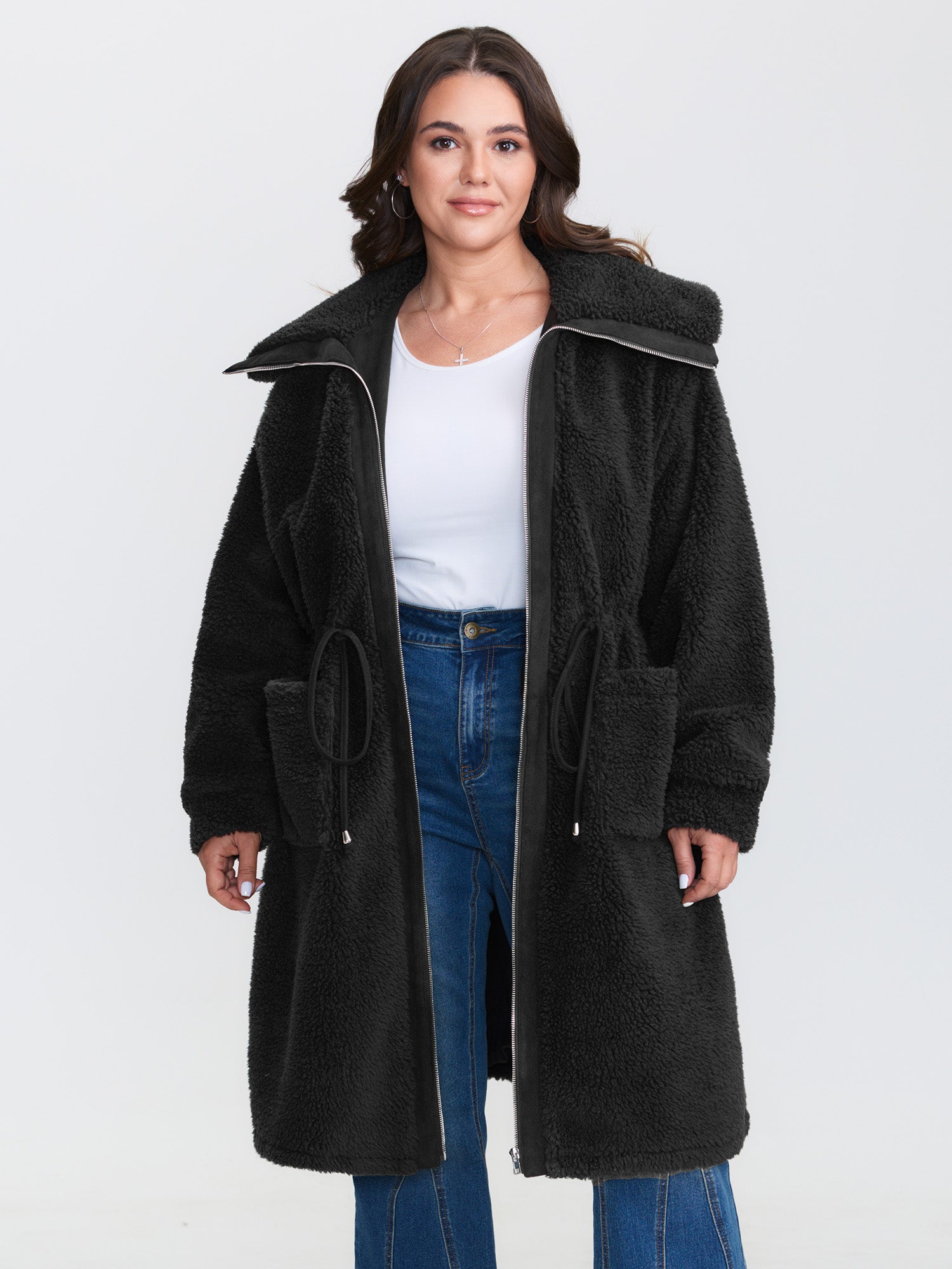 Faux Shearling Zipper Pockets Coat