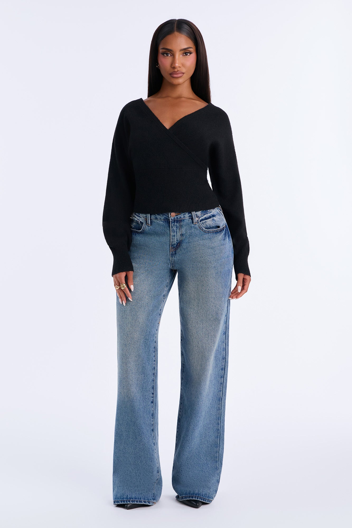 Madalyn Surplice Neck Long Sleeve Sweater - Black