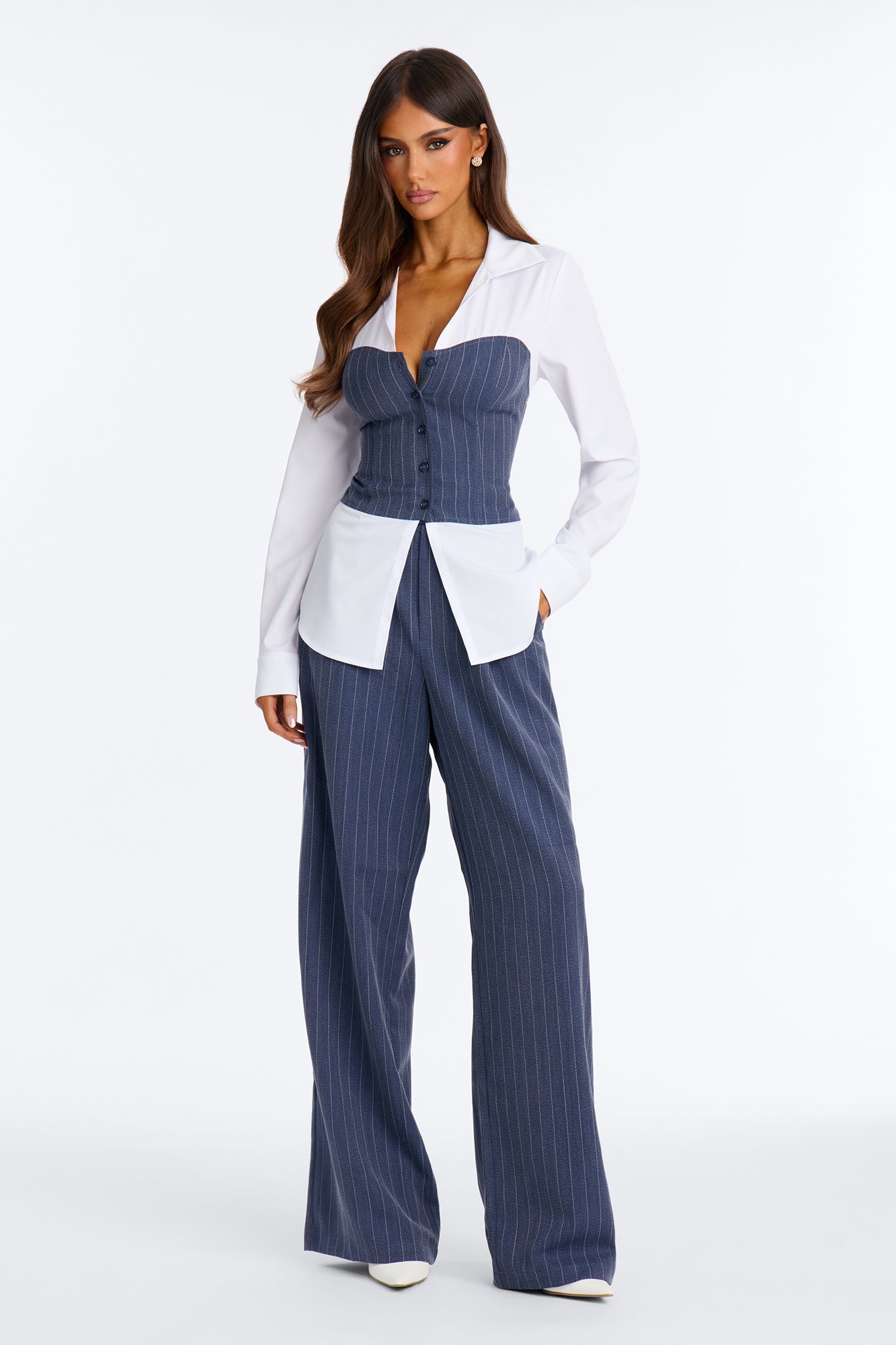 Work Mode Pinstripe Pant Set - Navy