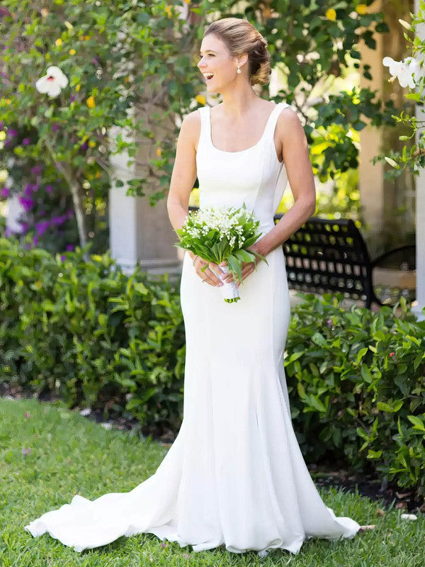 Elegant Trumpet Square Neck Stretch Satin Sleeveless Sweep Train Wedding Dresses