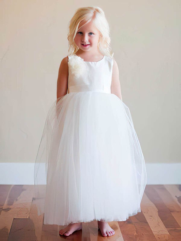 Beautiful A-Line Crew Neck Sleeveless Satin Tulle Ankle-length Flower Girl Dresses