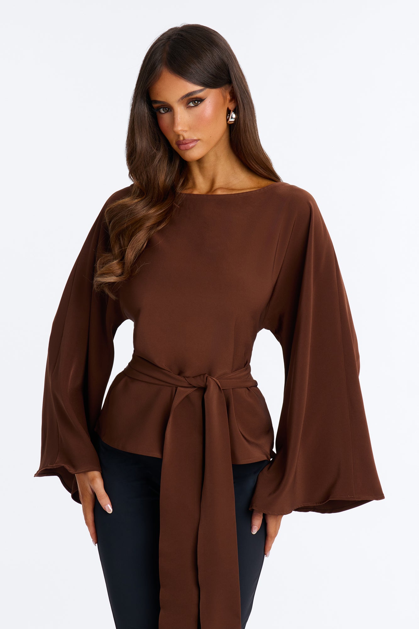 Dreamy Moment Tie Waist Long Sleeve Blouse - Chocolate