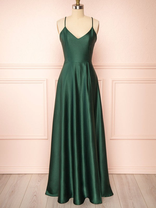 Chic A-Line V-Neck Spaghetti Straps Satin Floor-Length Bridesmaid Dresses with Ruffles