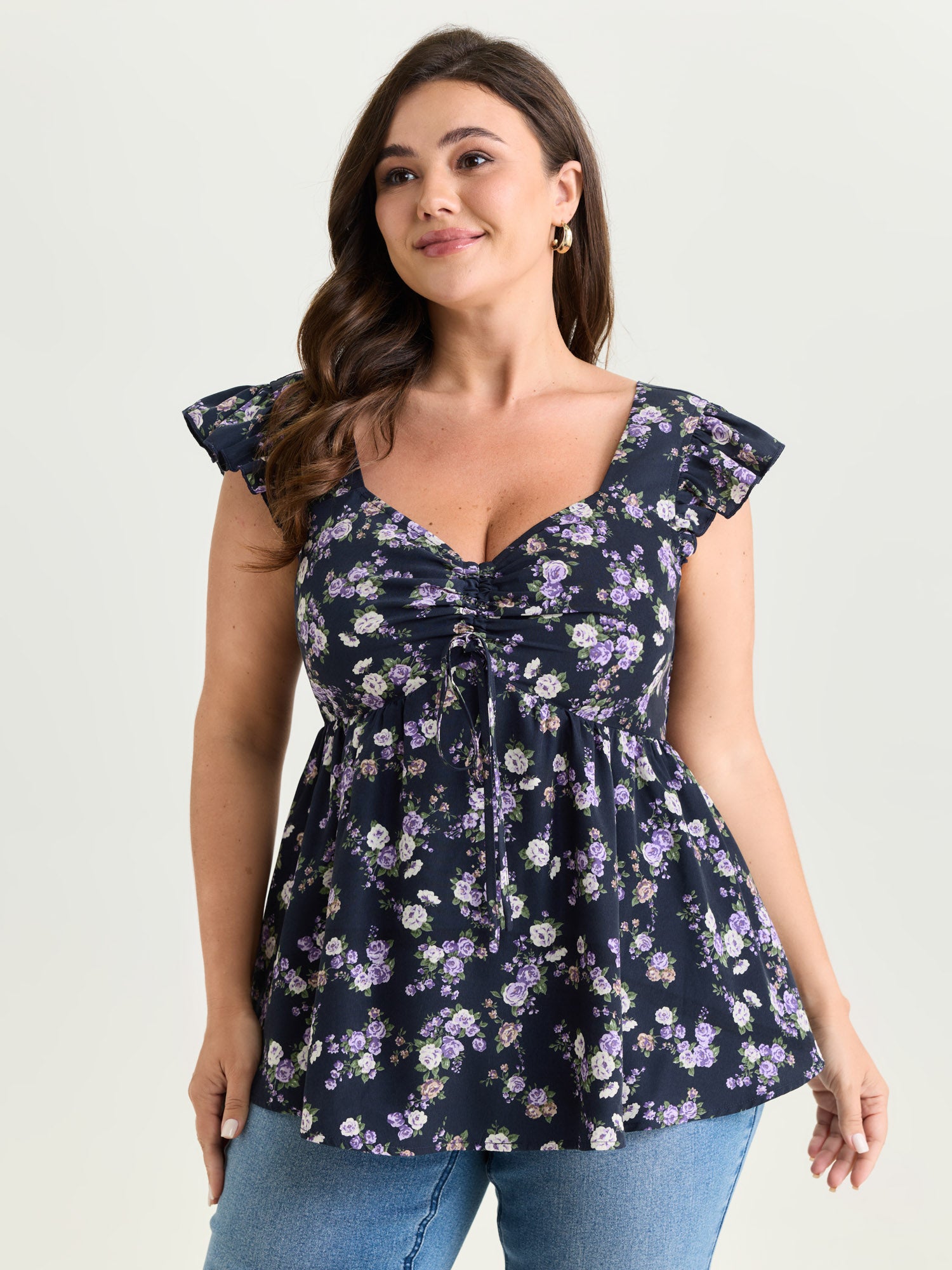Floral Print Drawstring Bodice Blouse