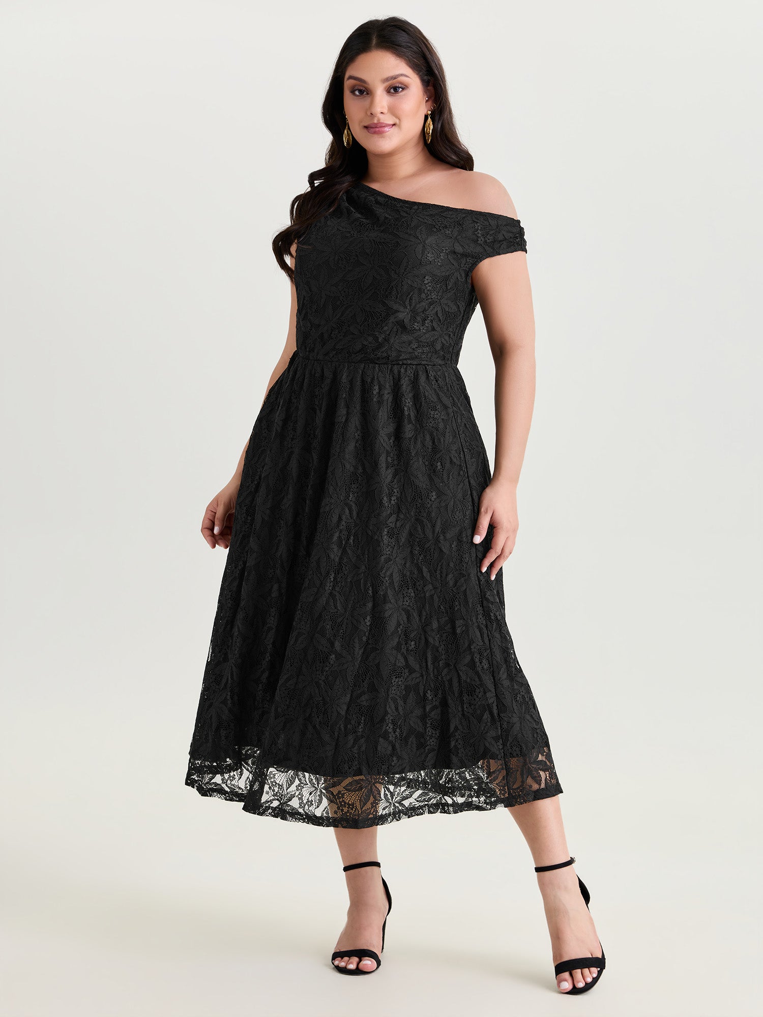 One-Shoulder Floral Lace Lined Midi Dress