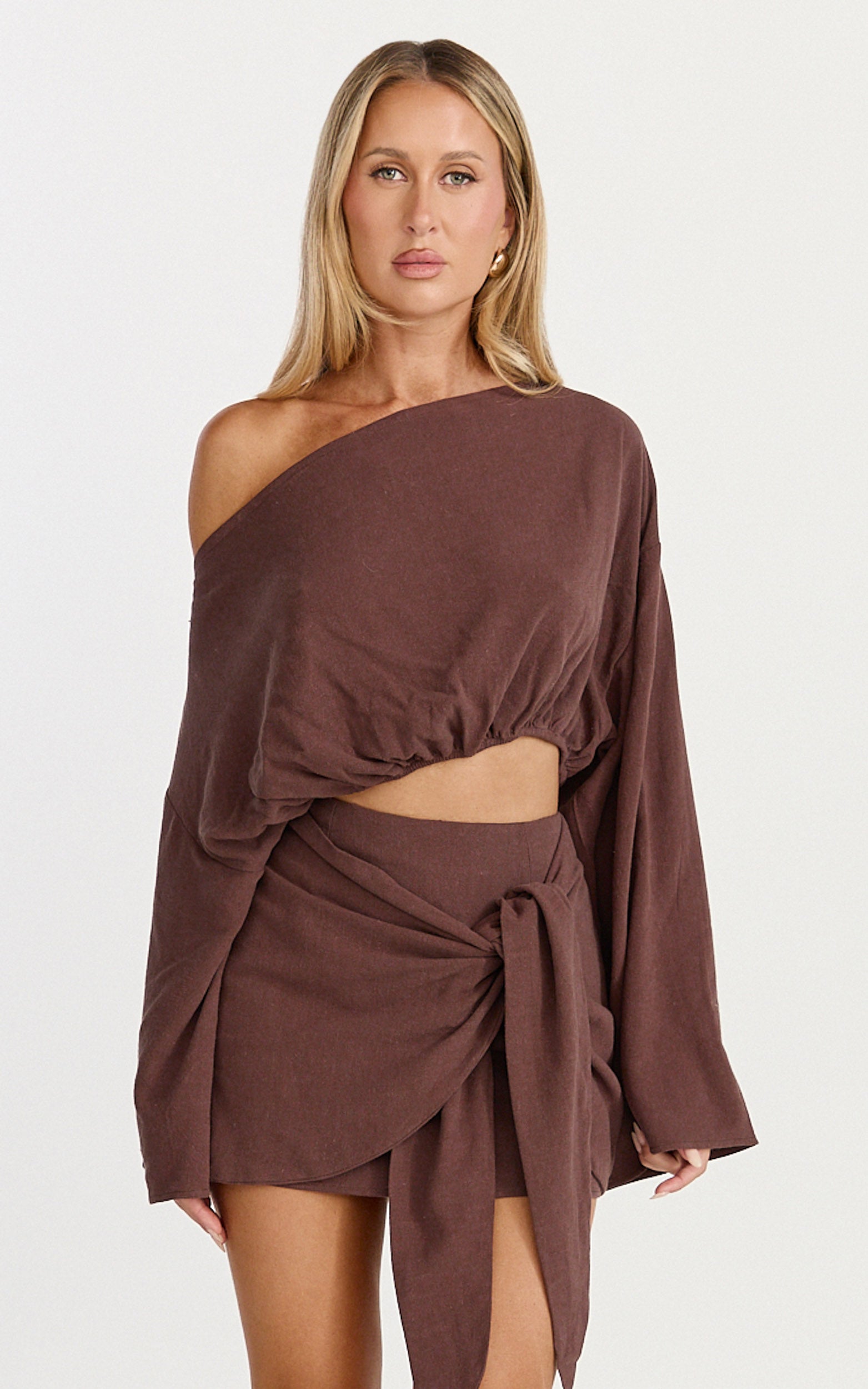 Elly Two Piece Top and Skirt Set - Asym Long Sleeve Top and Wrap Mini Skirt Set in Chocolate