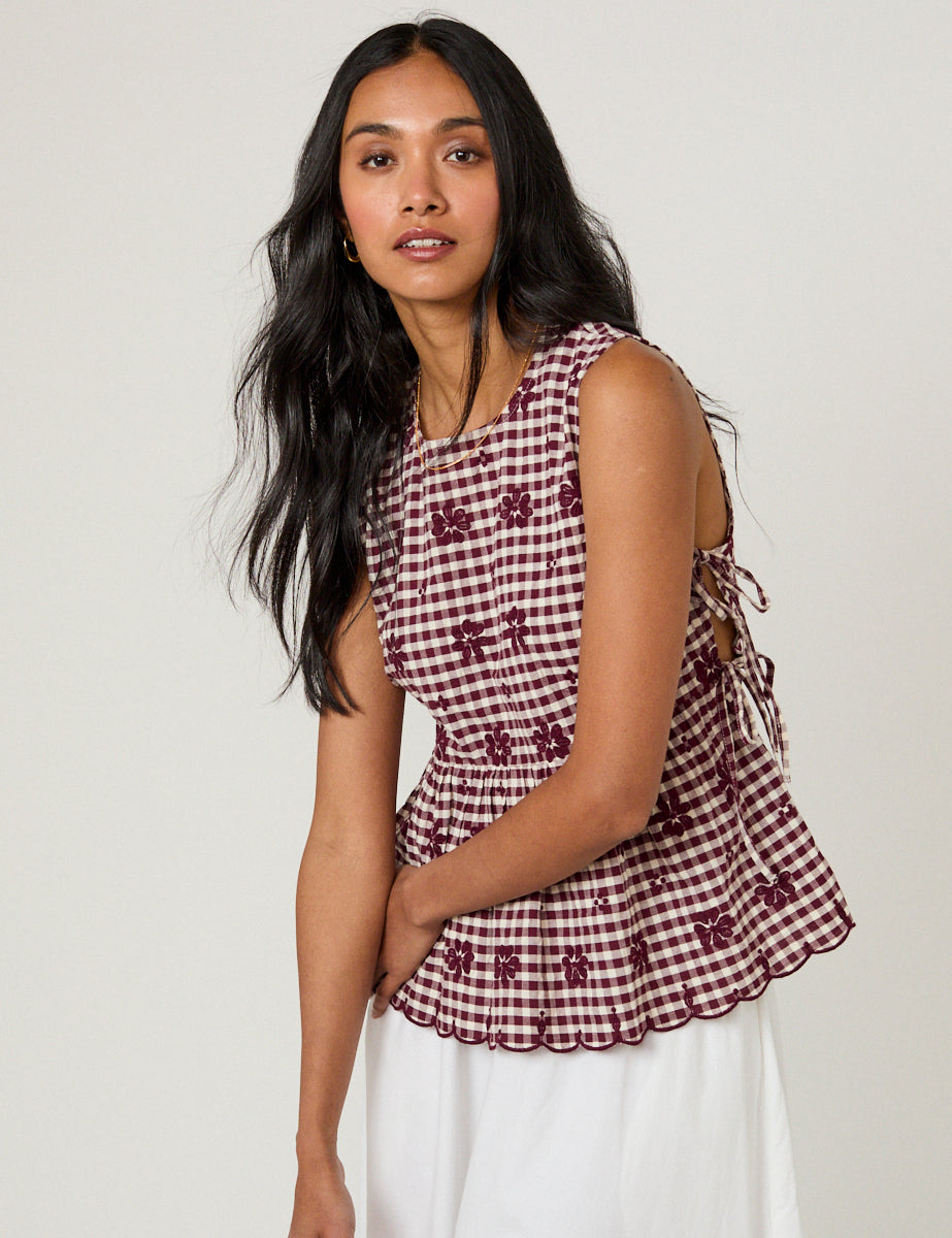 Burgundy Gingham Side Tie Swing Top