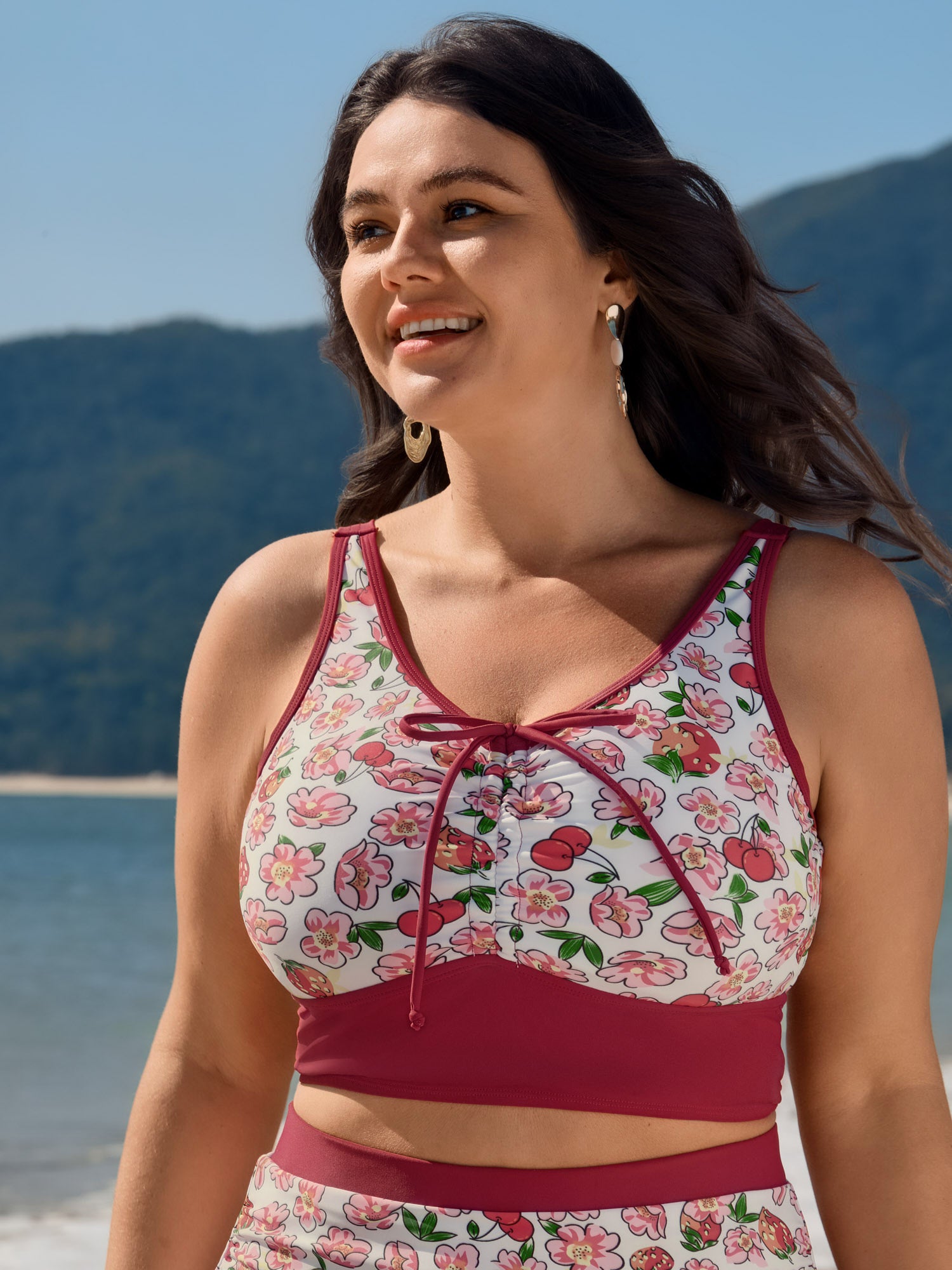 Floral Print Drawstring Front Bikini Top