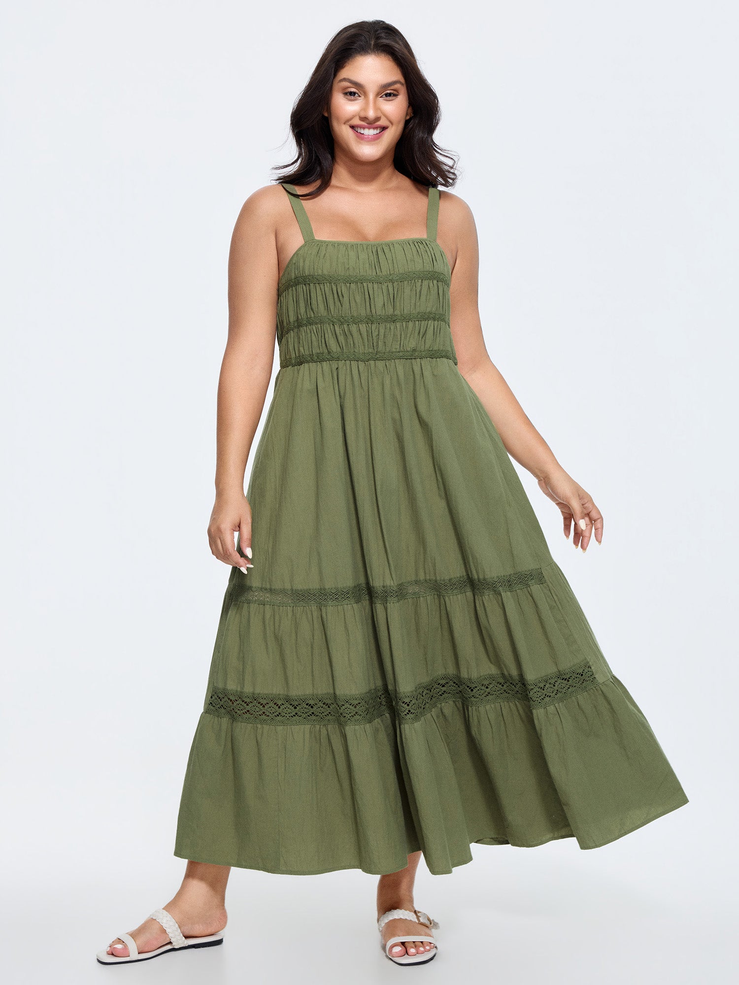Cotton Lace Shirred Back Tiered Maxi Dress