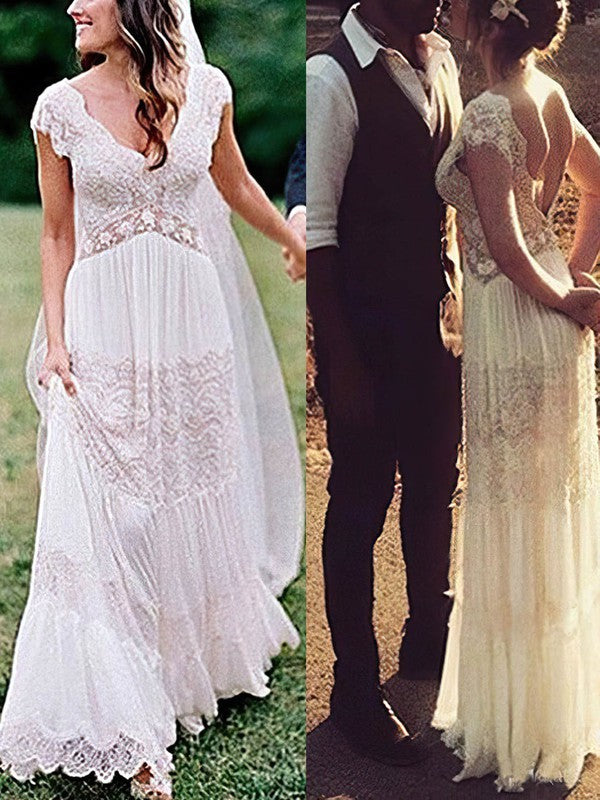 Charming A-Line V-Neck Backless Lace Chiffon Floor-Length Wedding Dresses