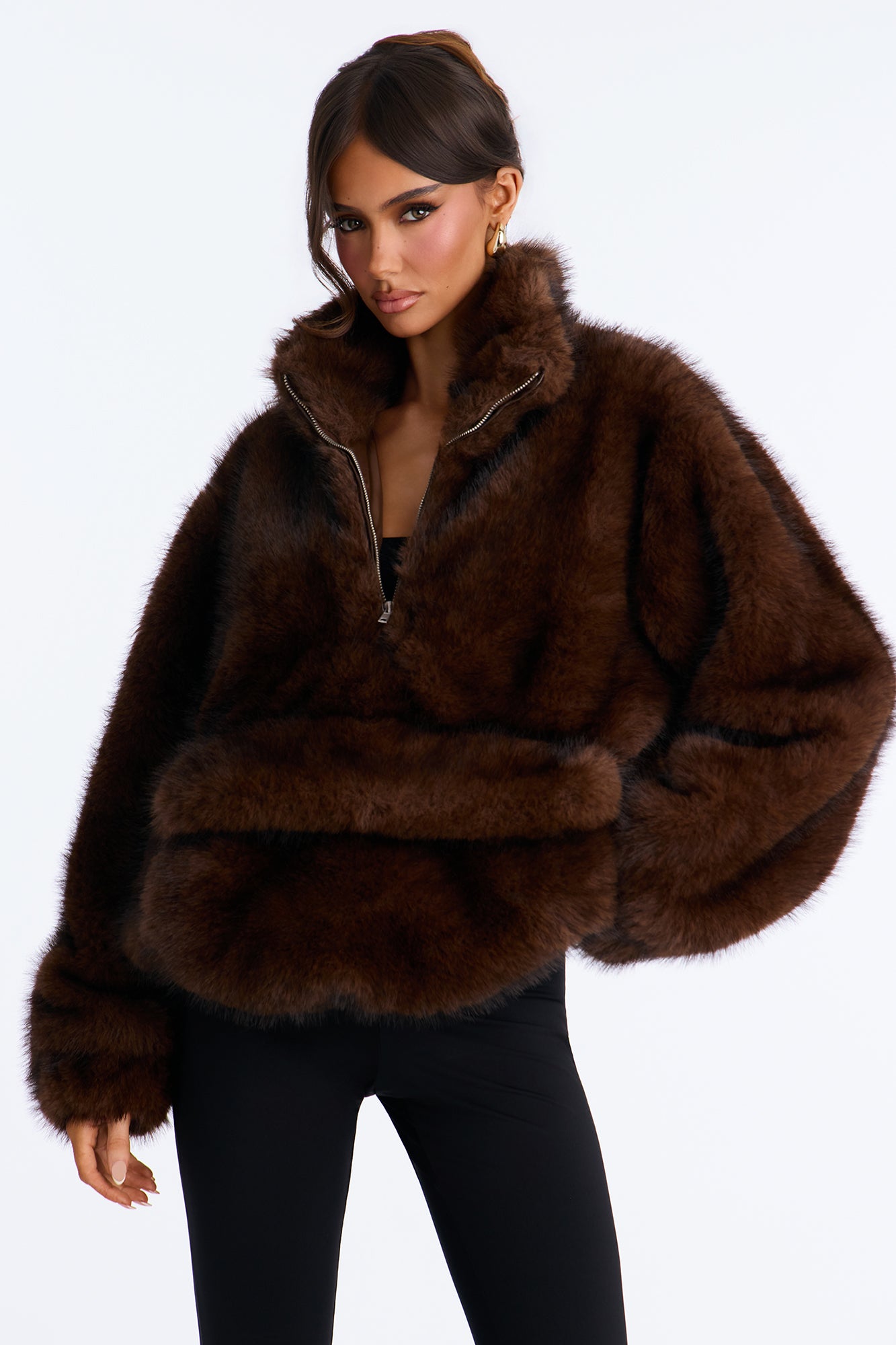 Kualene Faux Fur Oversized Quarter Zip Pullover Coat - Brown