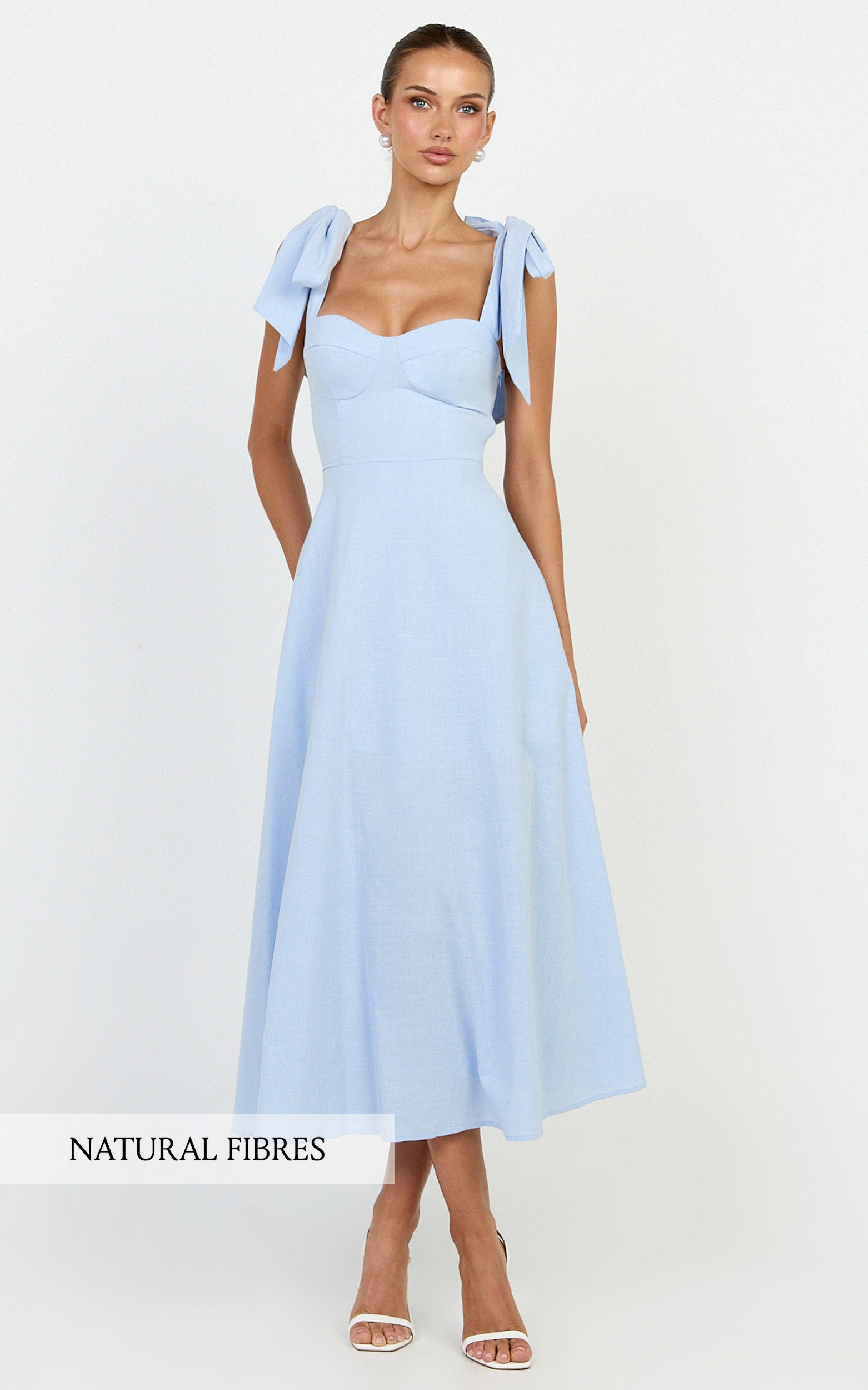 Tymia Midi Dress - Shoulder Tie Bustier Shirred Back A Line in Pastel Blue