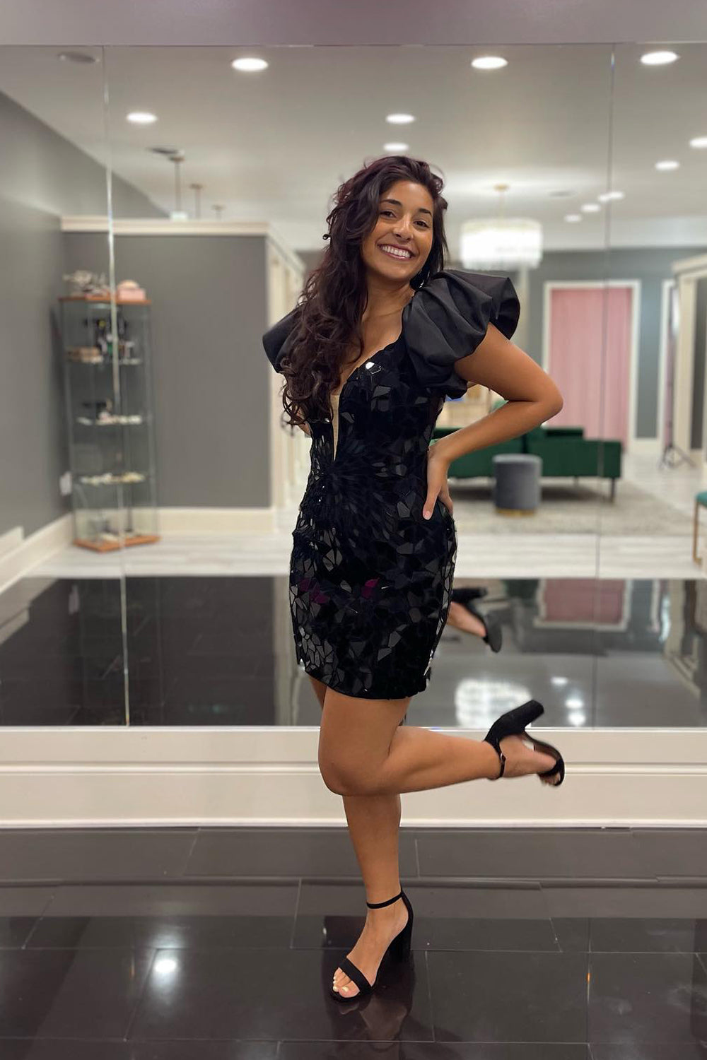 Black Mirror Tight Short Homecoming Dress/Mini Dress With Puff Sleeves