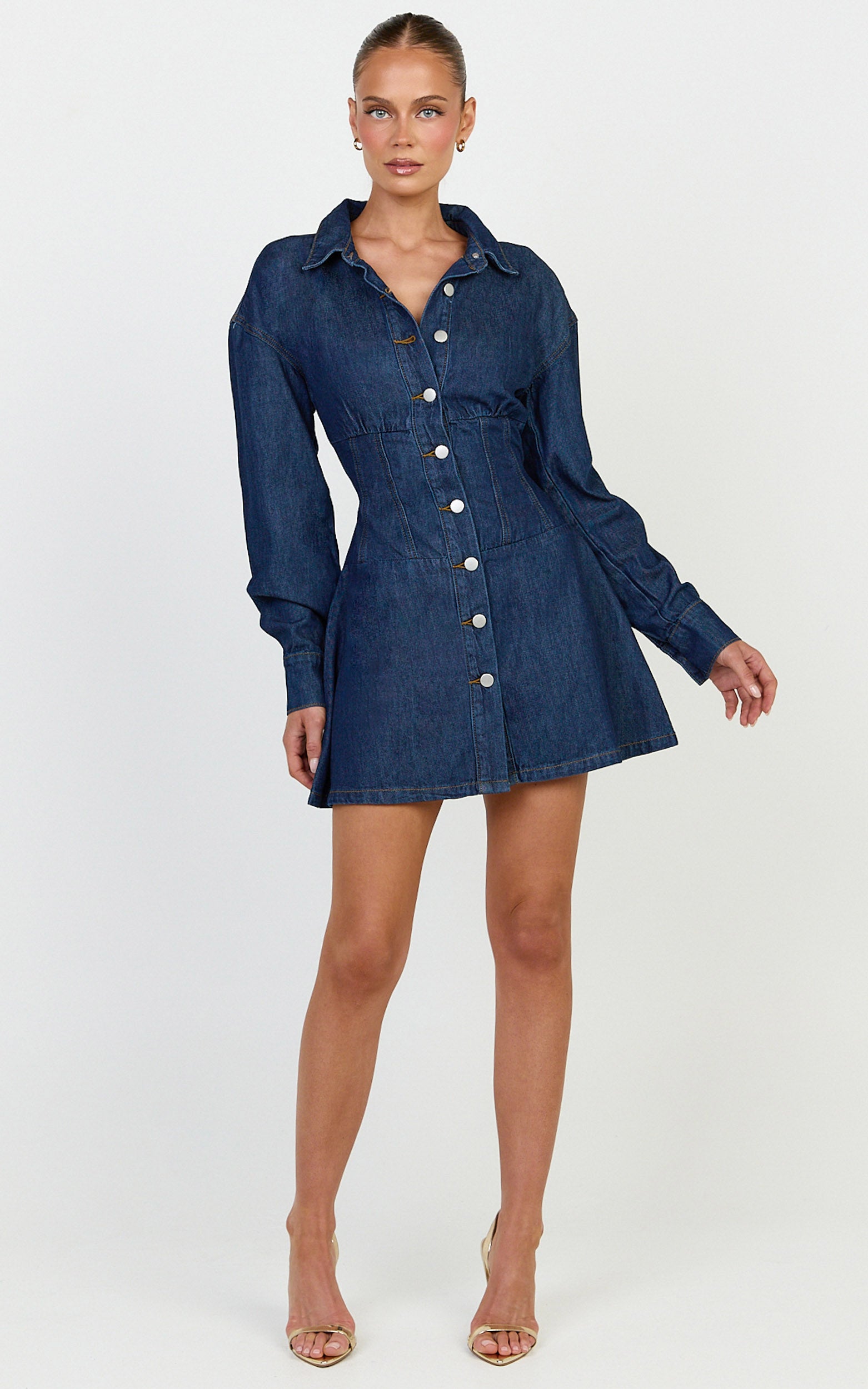 Amaris Mini Dress - Long Sleeve Corset Shirt Dress in Dark Blue Wash