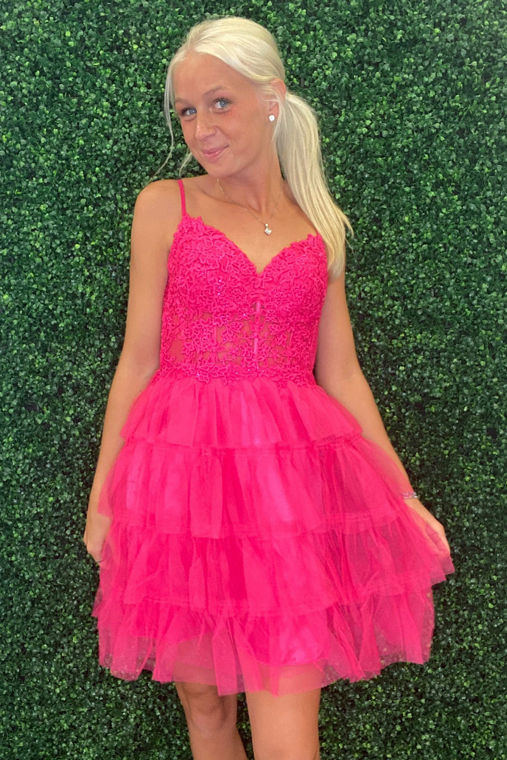 Fuchsia A Line Tiered Corset Short Homecoming Dress/Mini Dress With Appliques