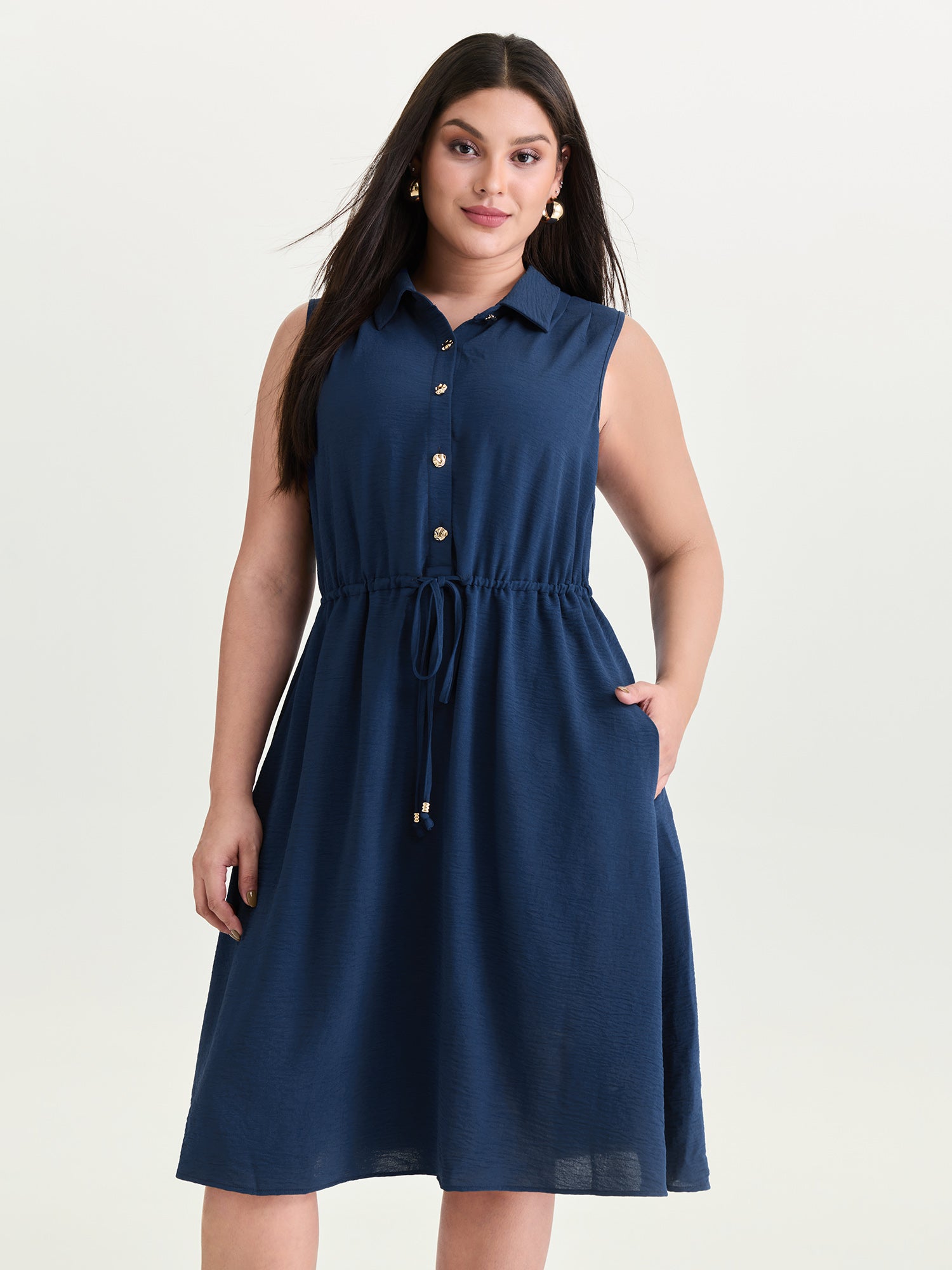 Collar Button Detail Waist Drawstring Mini Dress