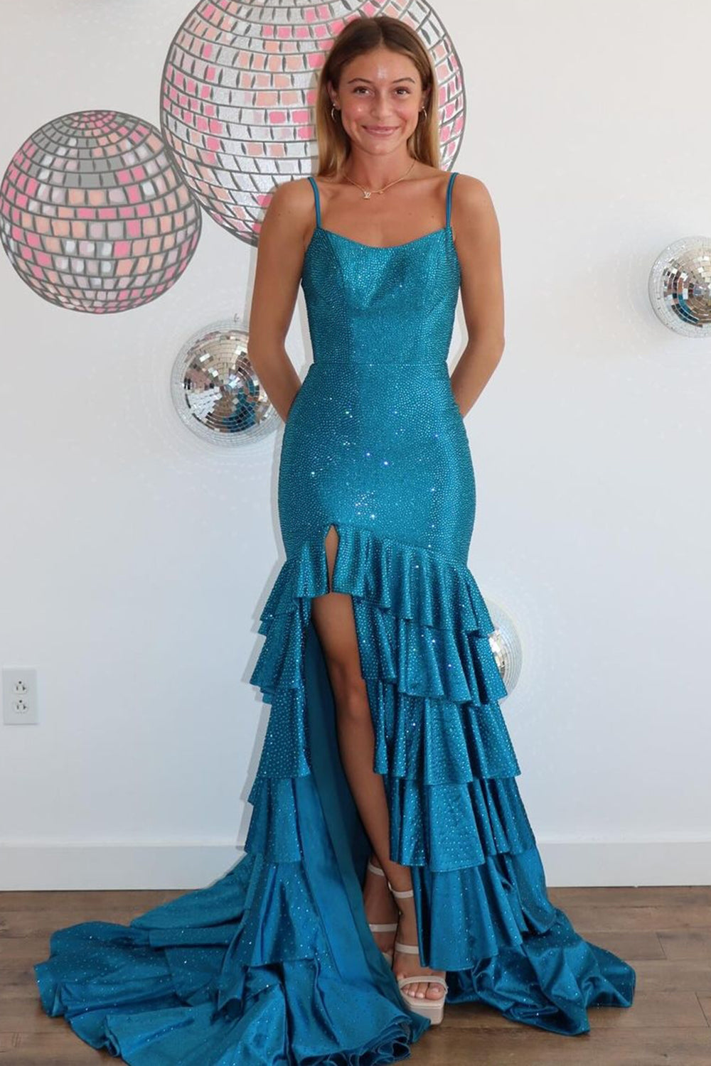 Long Tiered Prom Dress with Sparkly Blue Beaded Meramid Design and Slit