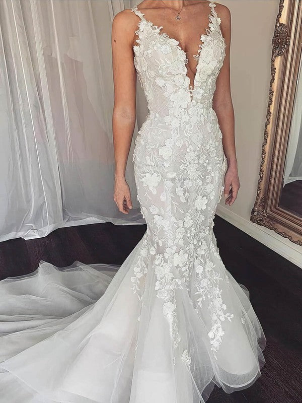 Fabulous Applique Lace Trumpet Deep V-Neck Tulle Lace Sweep Train Wedding Dresses