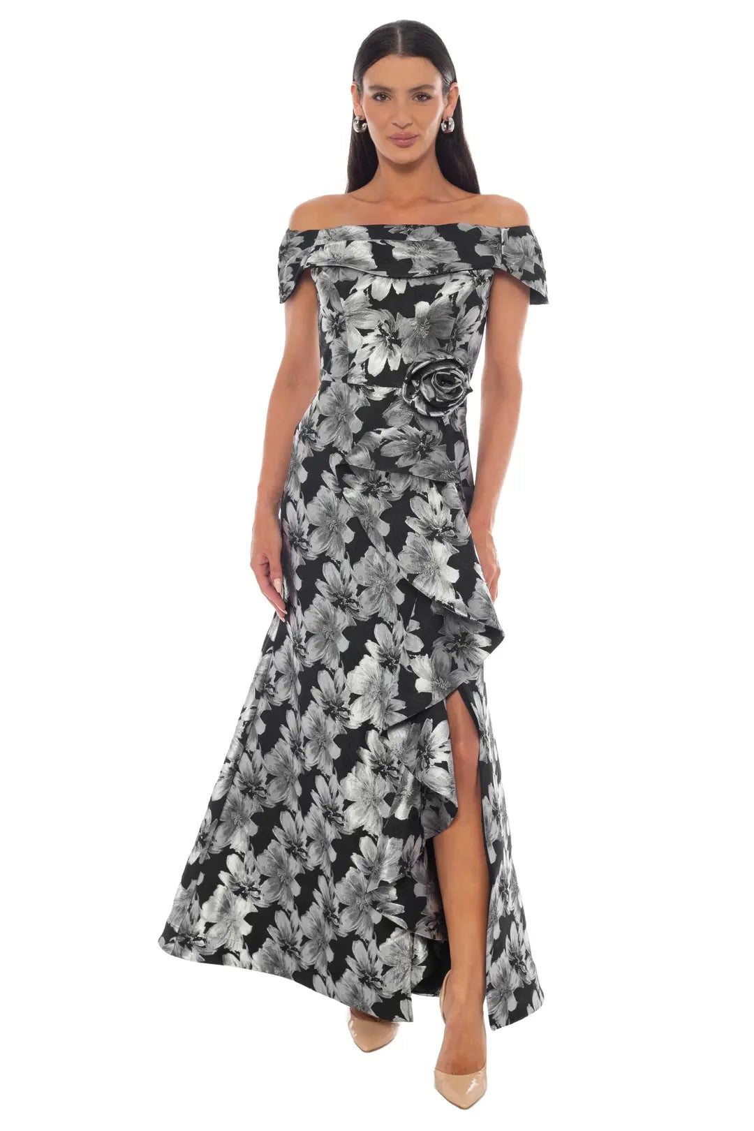 Drape Cut Off the Shoulder Brocade Maxi Dress