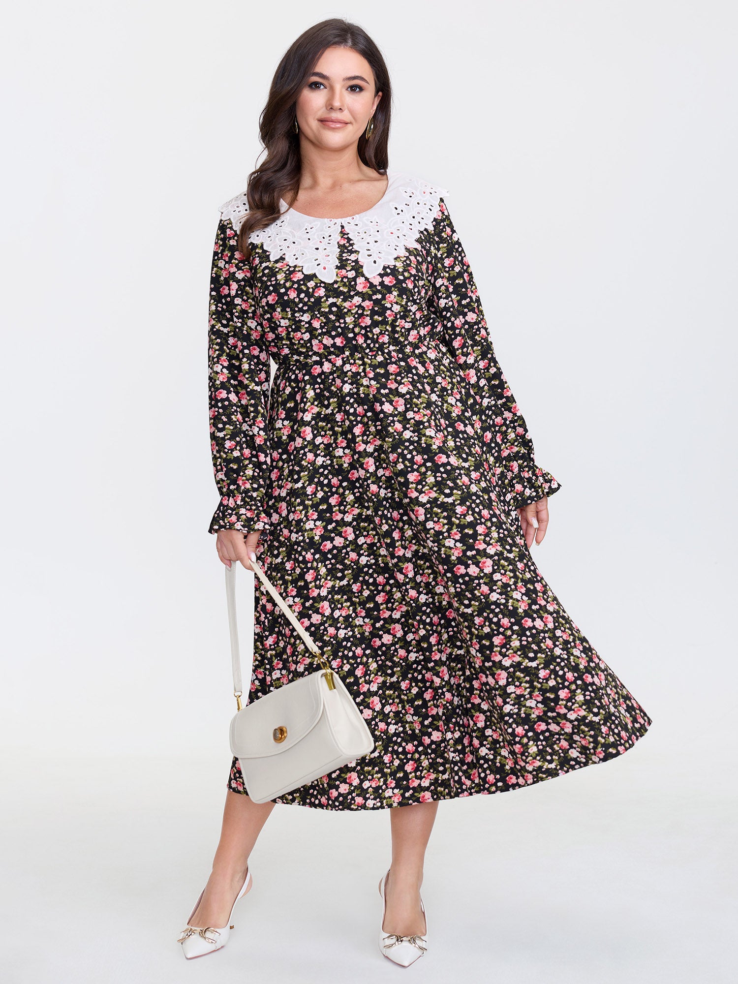 Lace Neckline Stretchy Waist-Defining Midi Dress