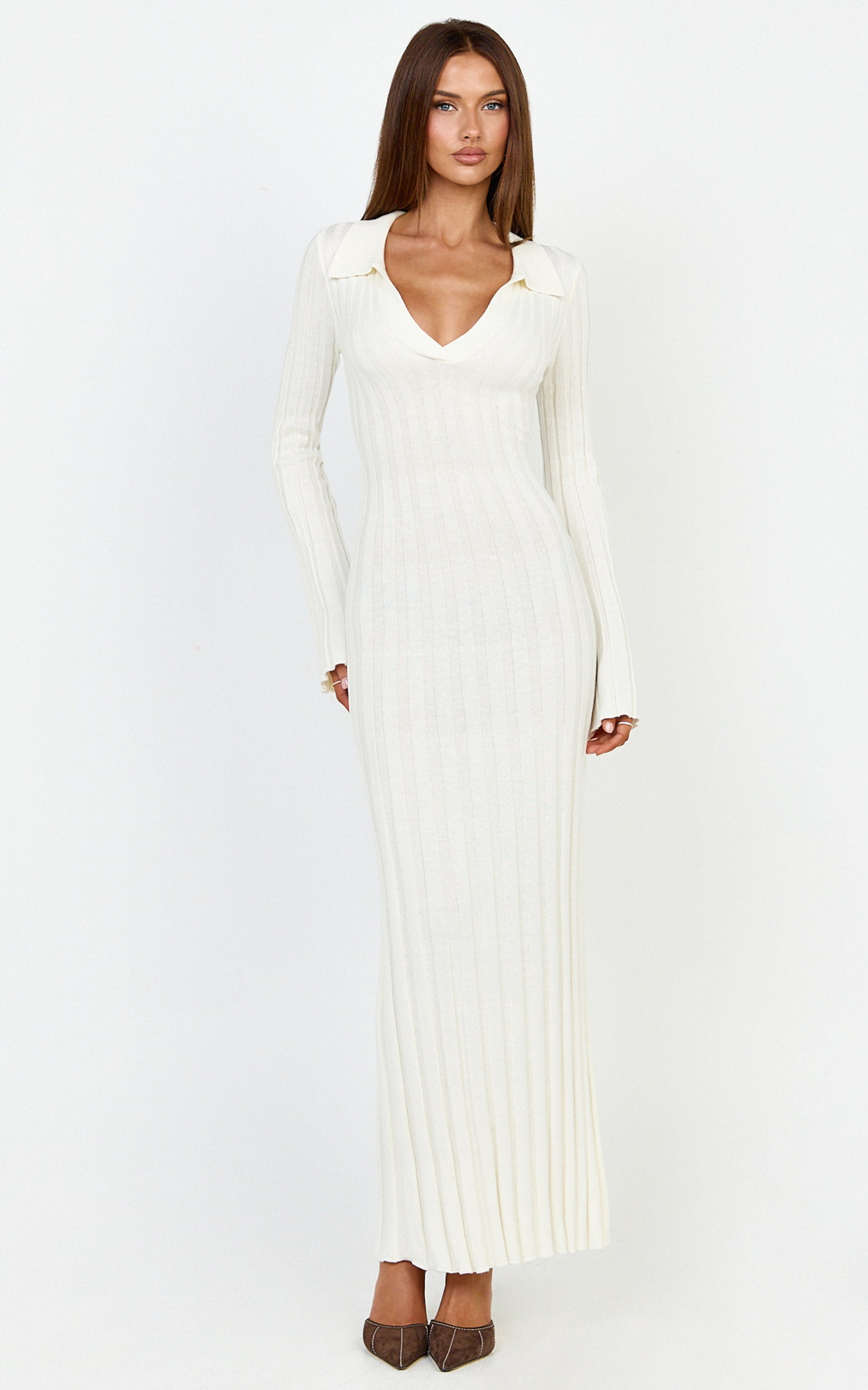 Pamela Midi Dress - Ribbed Knit Poli Midi Dress in Off White