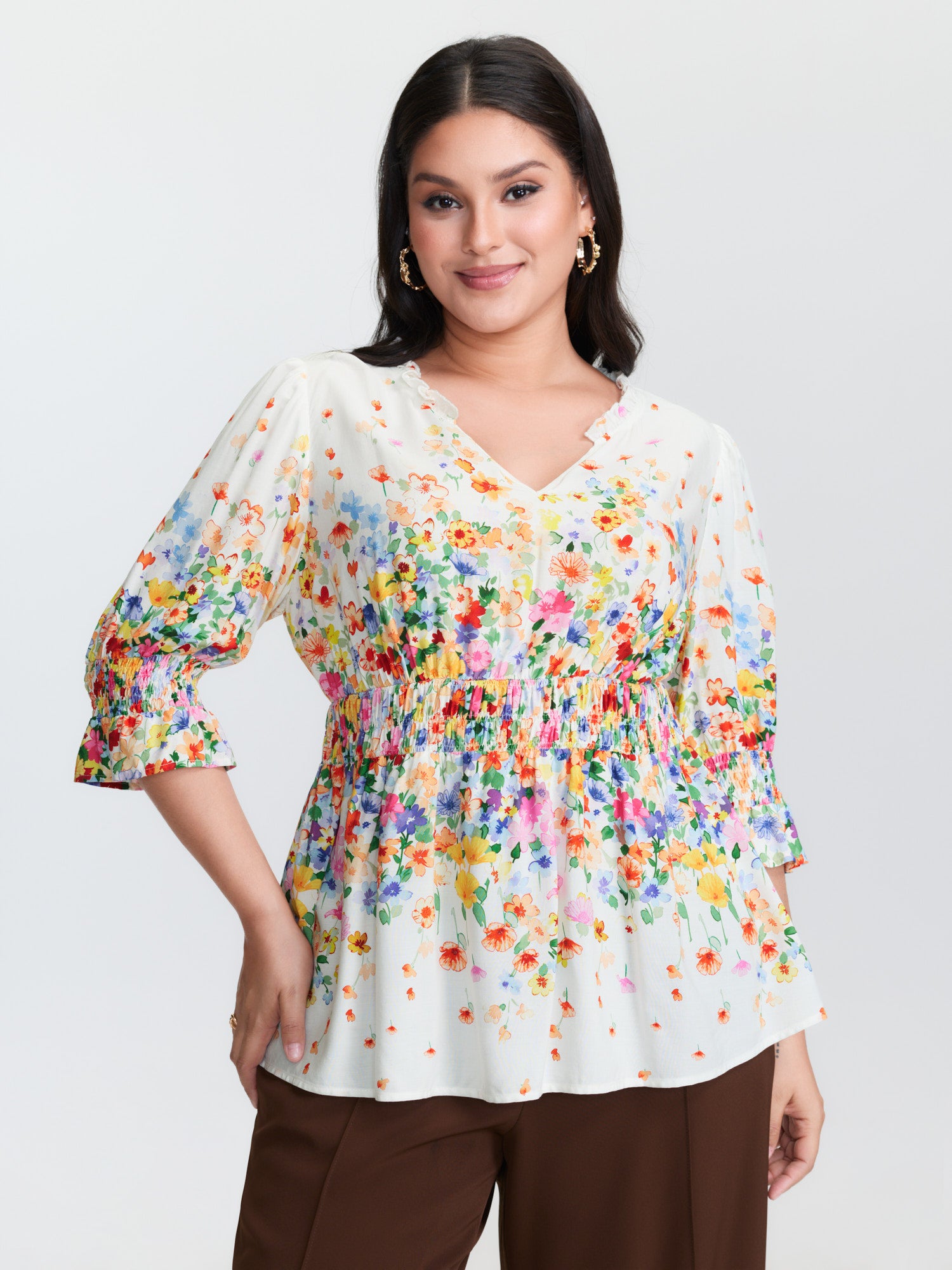 Colorful Floral Print Shirred Bodice Blouse