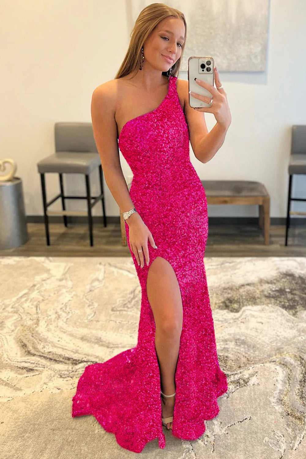 Fuchsia Sequined Mermaid Prom Dress with One Shoulder and Slit