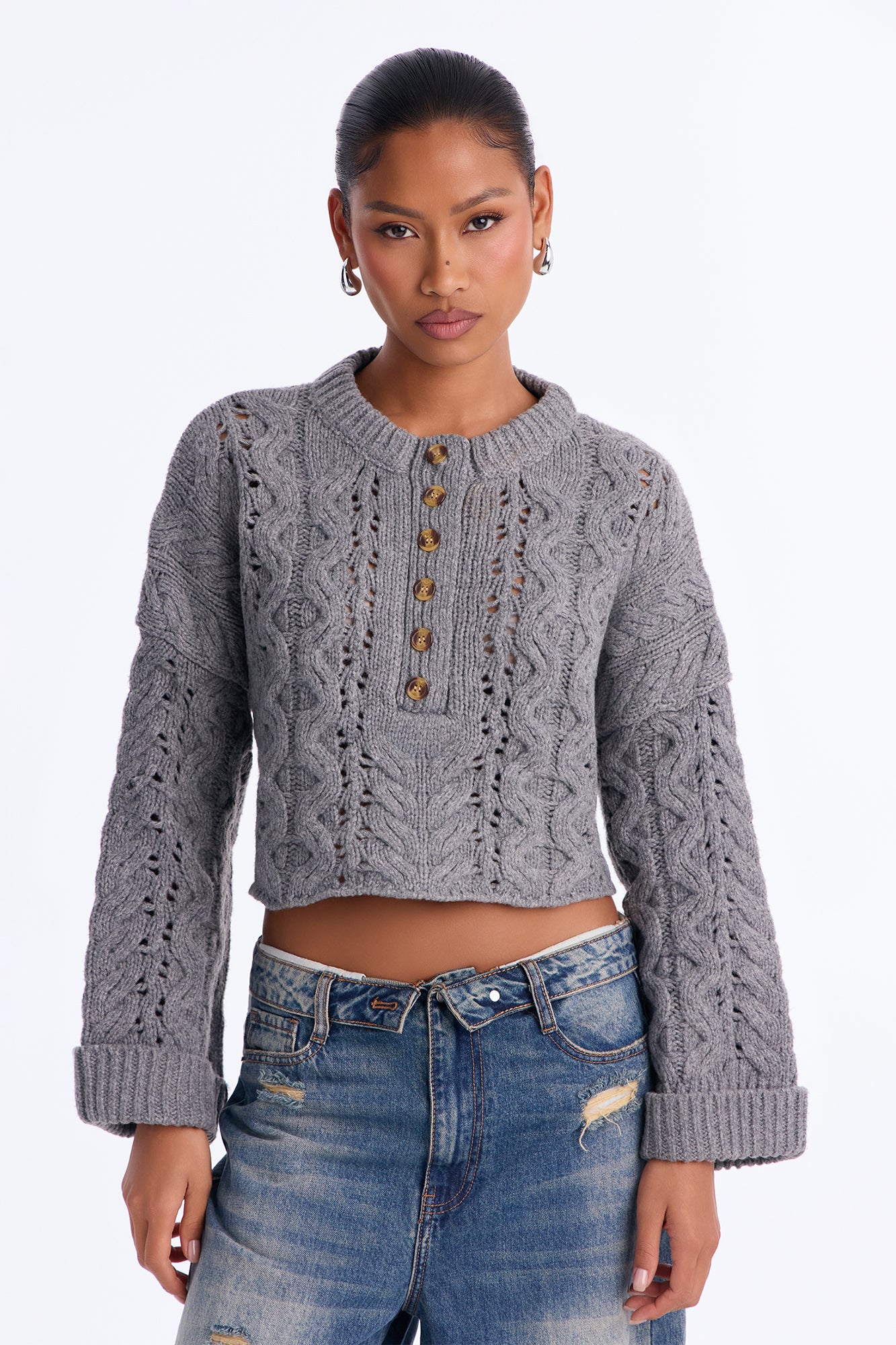Catherine Chunky Knit Pullover Sweater - Grey