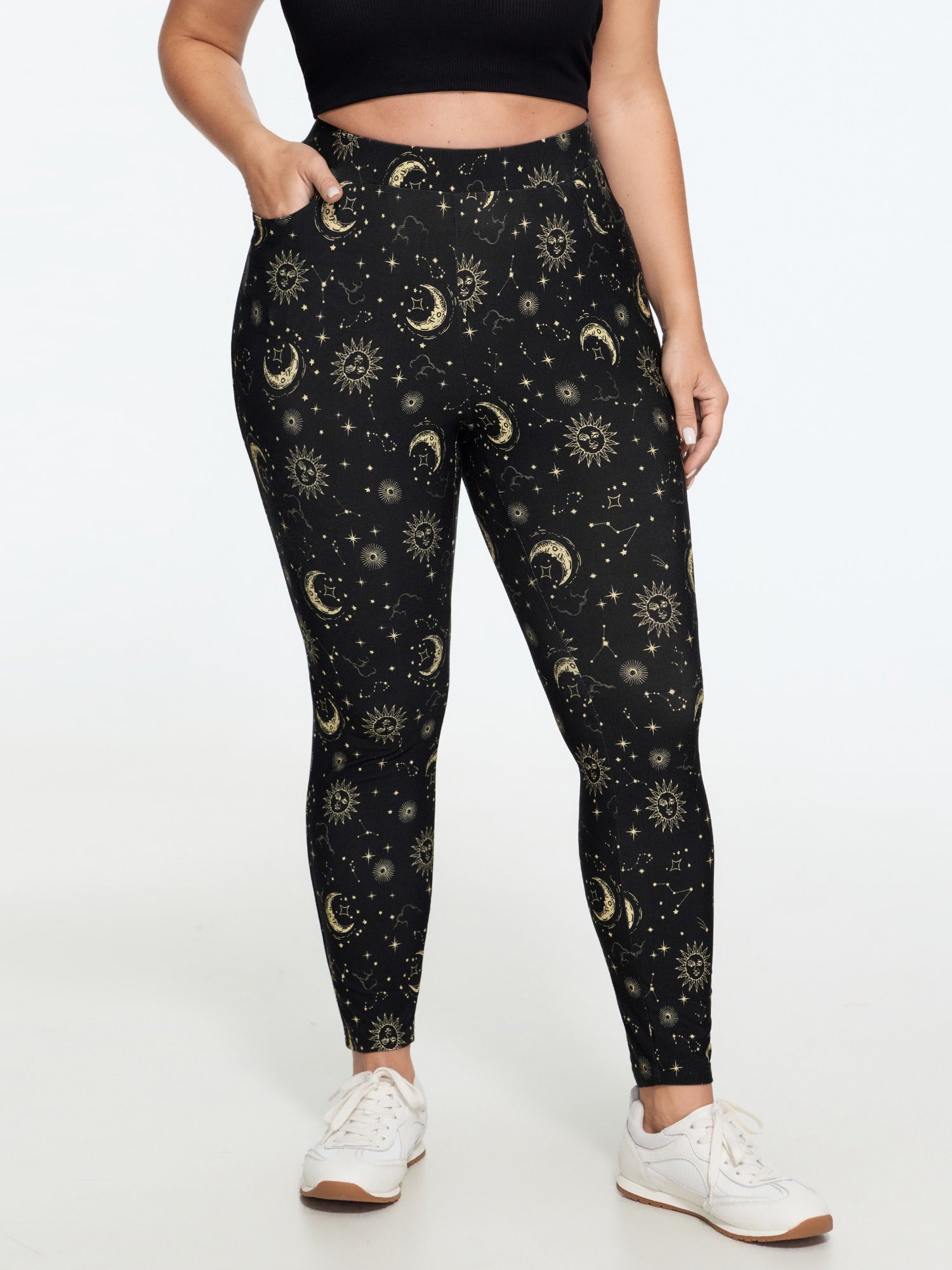 Stretchy Sun Moon Star Print Pocket Leggings
