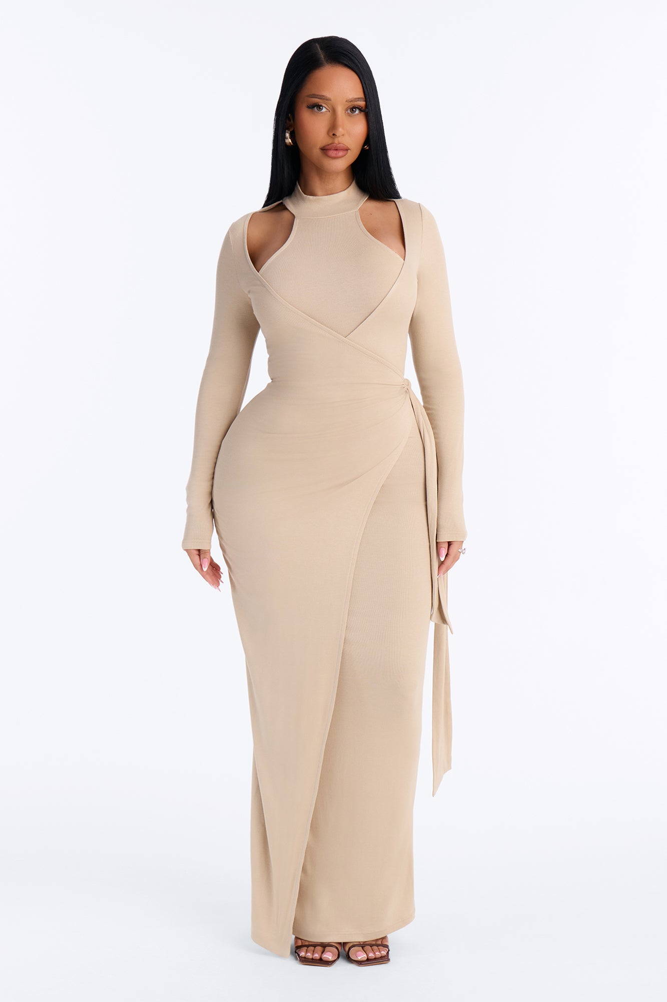 Sugar Talk Mock Neck Maxi Dress - Beige