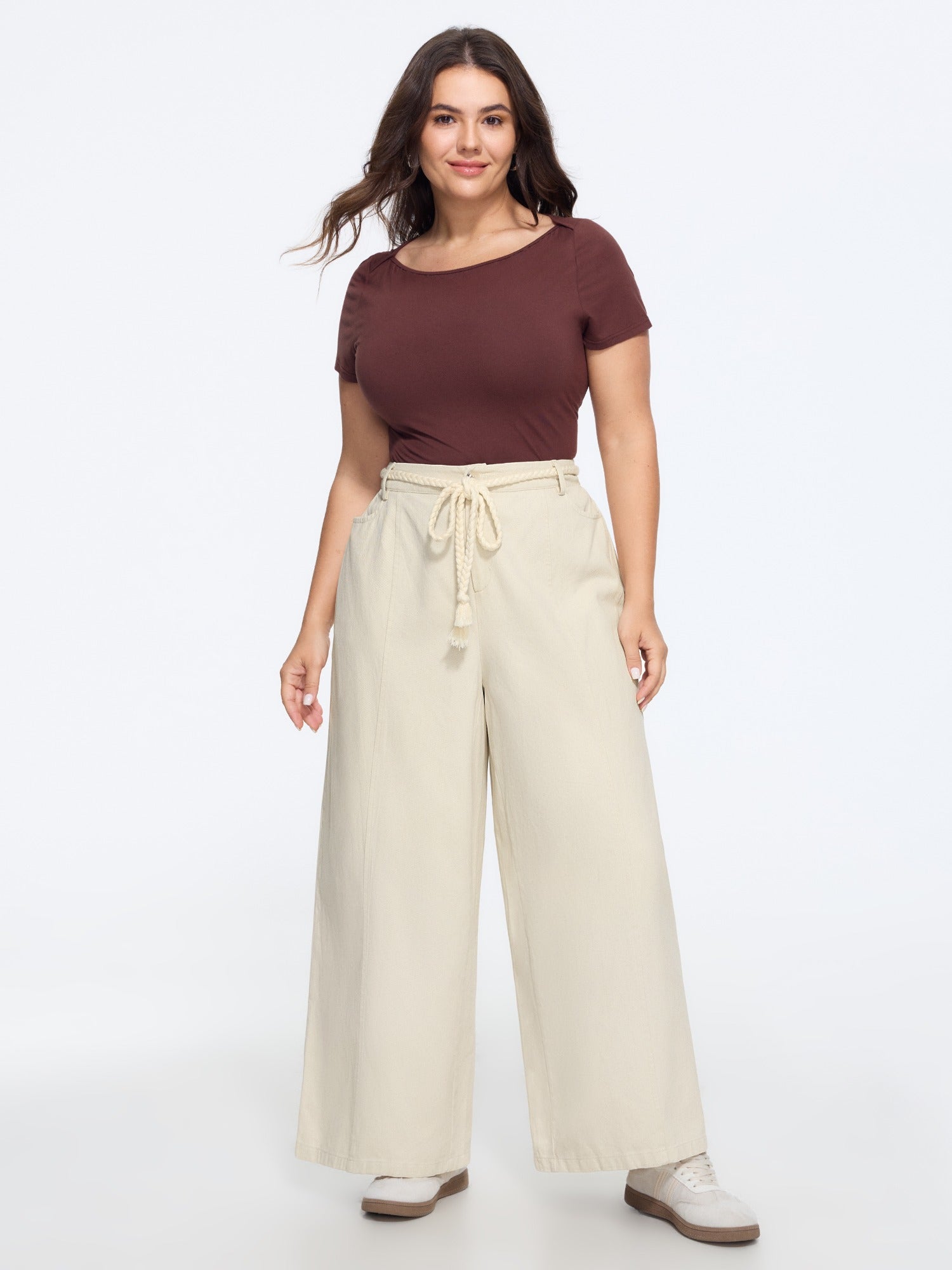 Solid Braided Tassel Drawstring Waist Wide Leg Pants