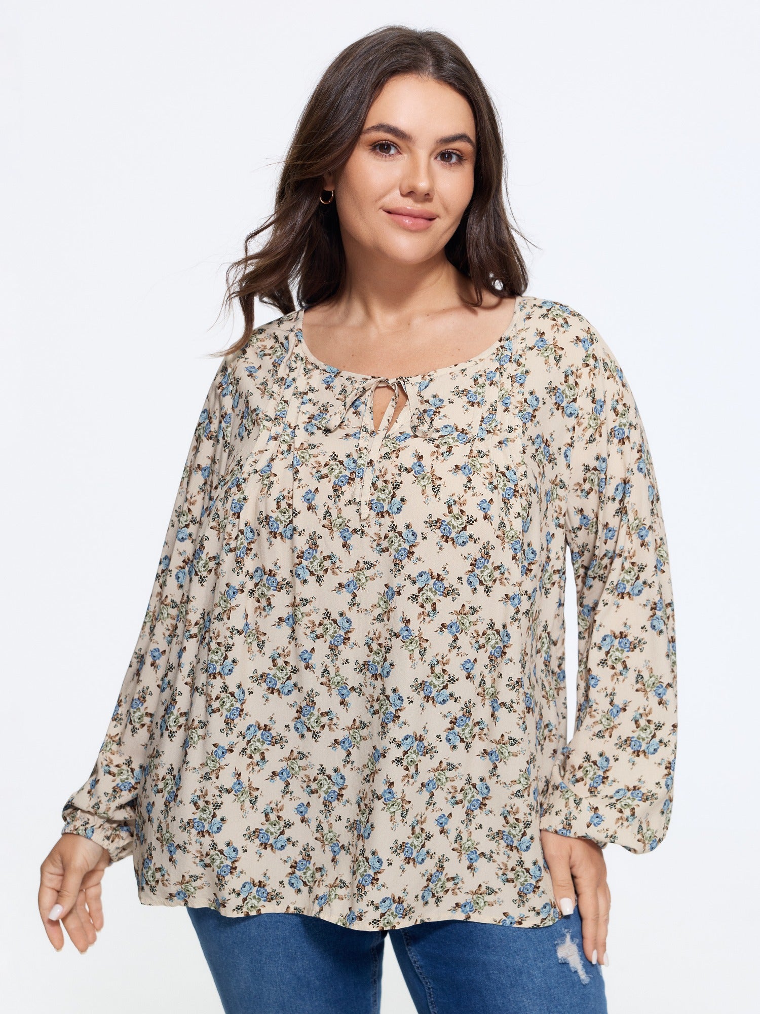 Supersoft Floral Print Drawstring Round Neck Blouse