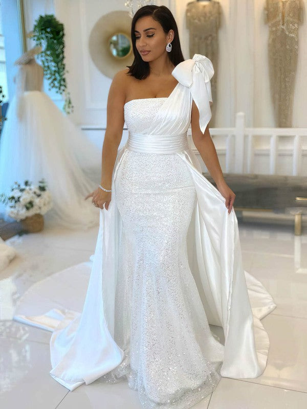 Elegant One Shoulder Satin Lace Mermaid Wedding Dresses with Bow