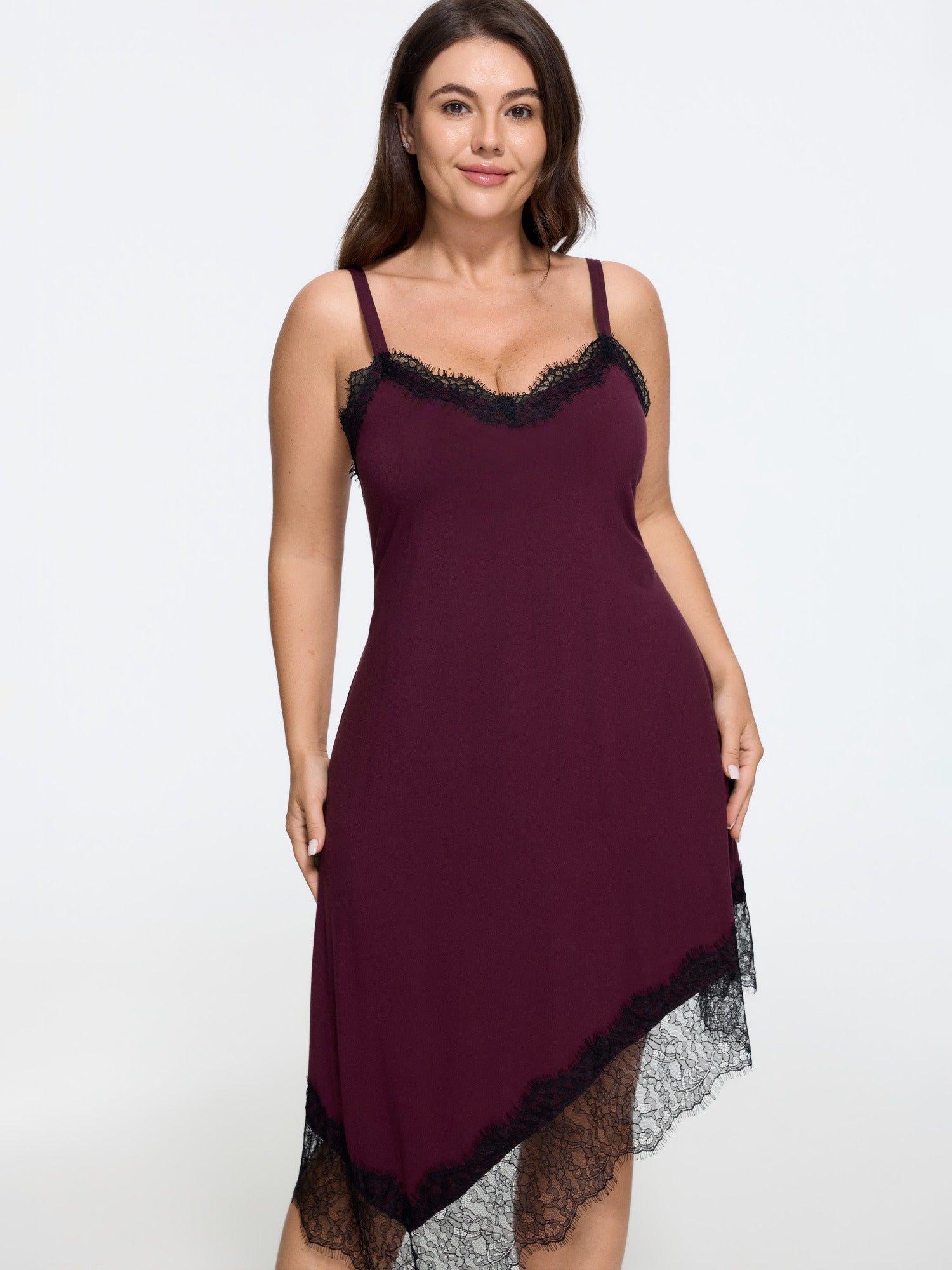 Supersoft Lace Trim Asymmetric Hem Slip Nightgown