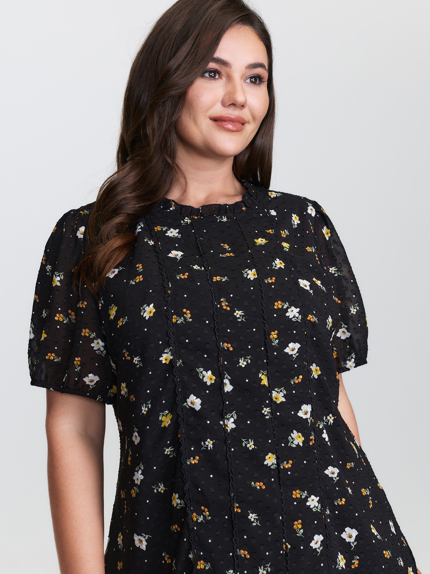 Chiffon Lace Trim Mock Neck Blouse