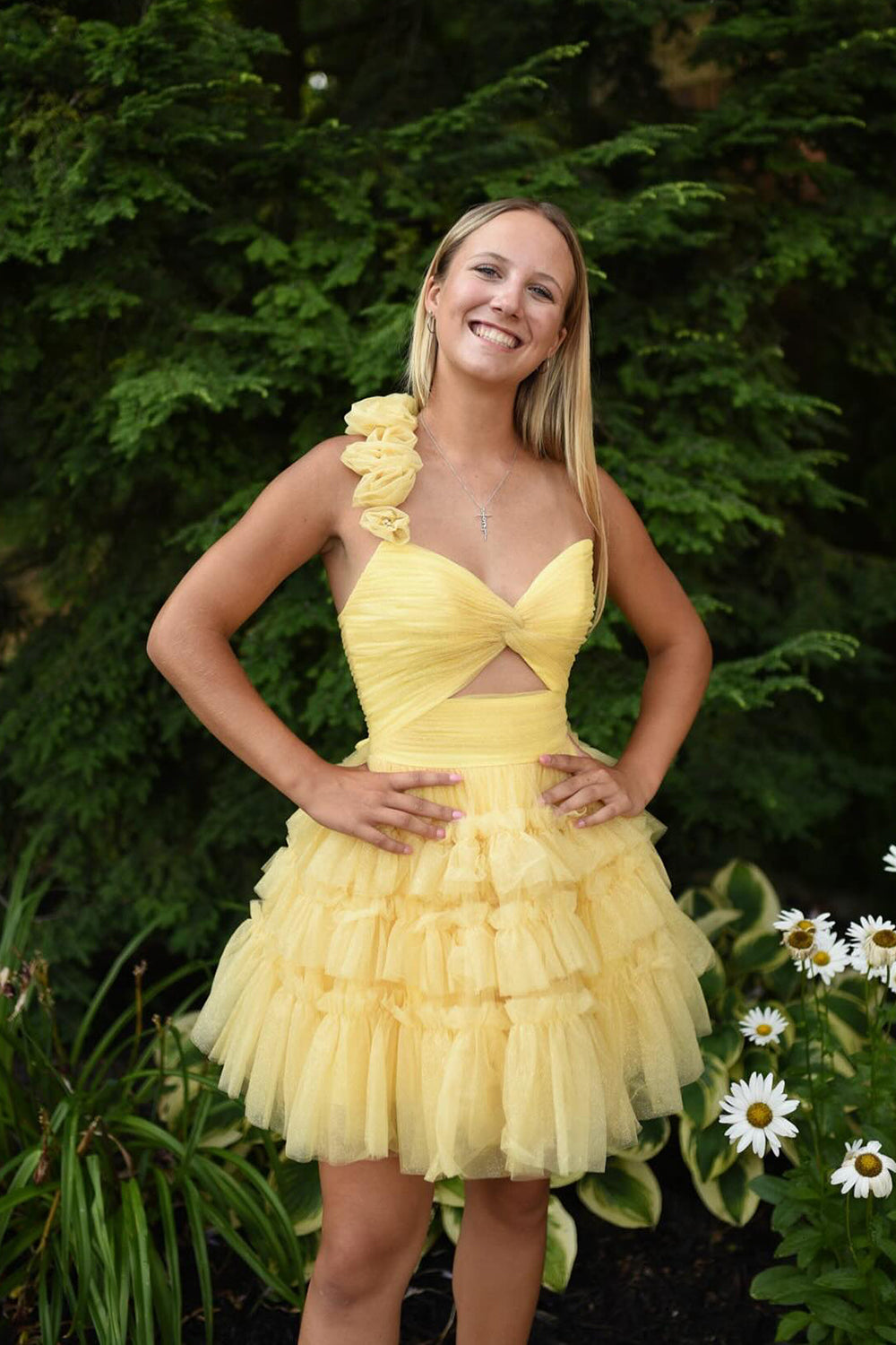 Yellow One Shoulder Ruffled A-Line Short Homecoming Dress/Mini Dress