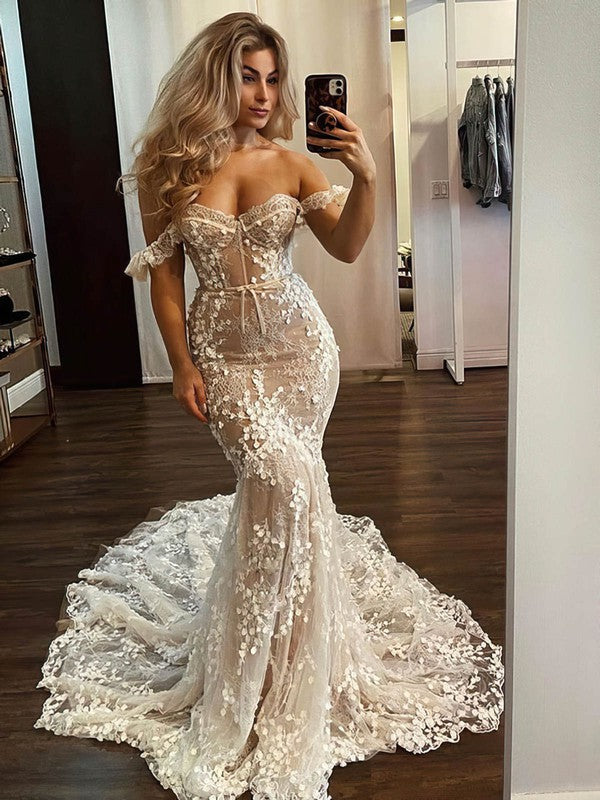 Beautiful Trumpet Off-The-Shoulder Sweetheart Lace Court Train Wedding Dresses with Bow