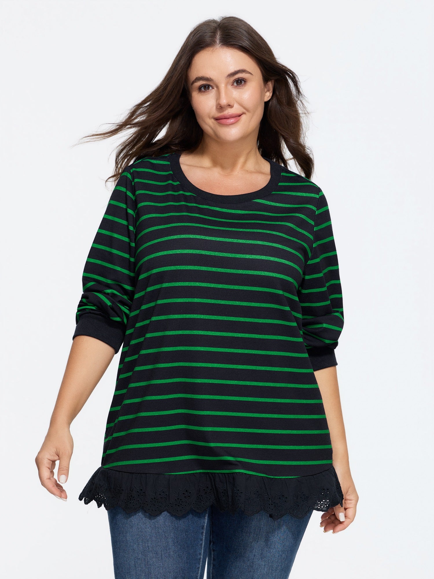 Striped Round Neck Eyelet Hem Sweatshirt