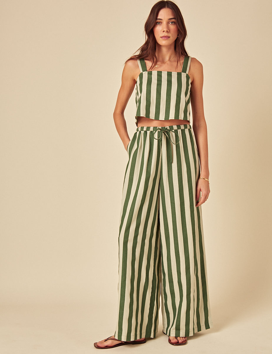 Green Linen-Rich Striped Trousers