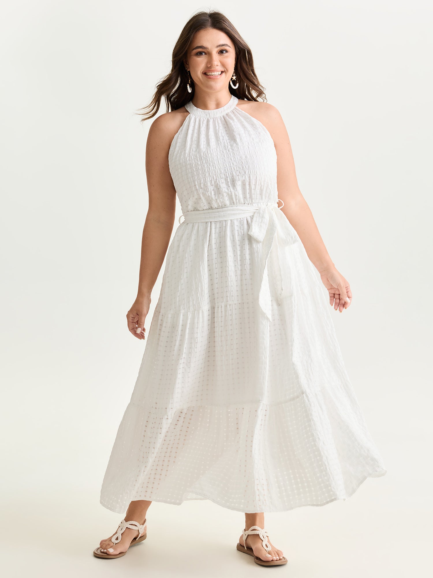 Textured Halter Neckline Tiered Midi Dress